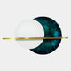 Inspired by Giant Sculptures' Caldris Emerald II Crystal Porcelain & Gold Strip 3D Wall Art, this modern wall sconce features a white frosted glass sphere, dark teal and black disc, and a slim horizontal gold bar.
