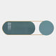 Modvara Solid Sky Blue Fusion Acrylic & Leather Wall Art featuring a pill-shaped glossy blue acrylic panel and circular leather disk connected by slender gold framing on a plain light background.