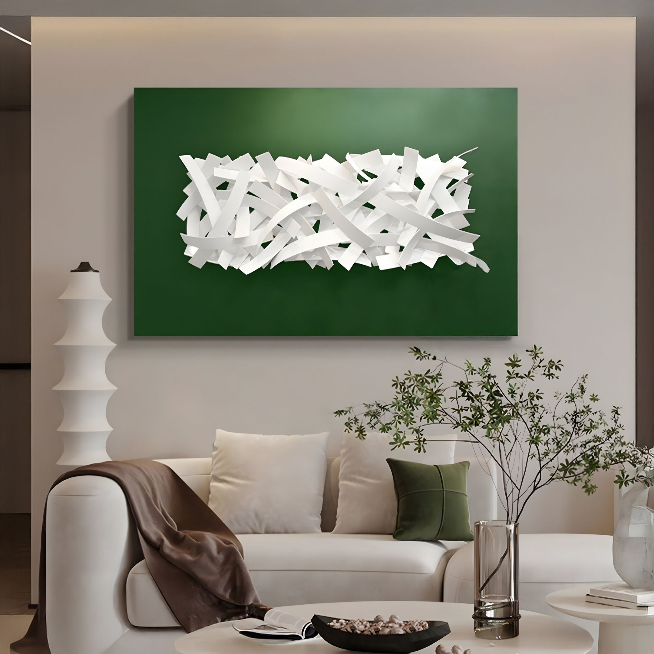 Stravira Green I Sculptural White Metal 3D Wall Art
