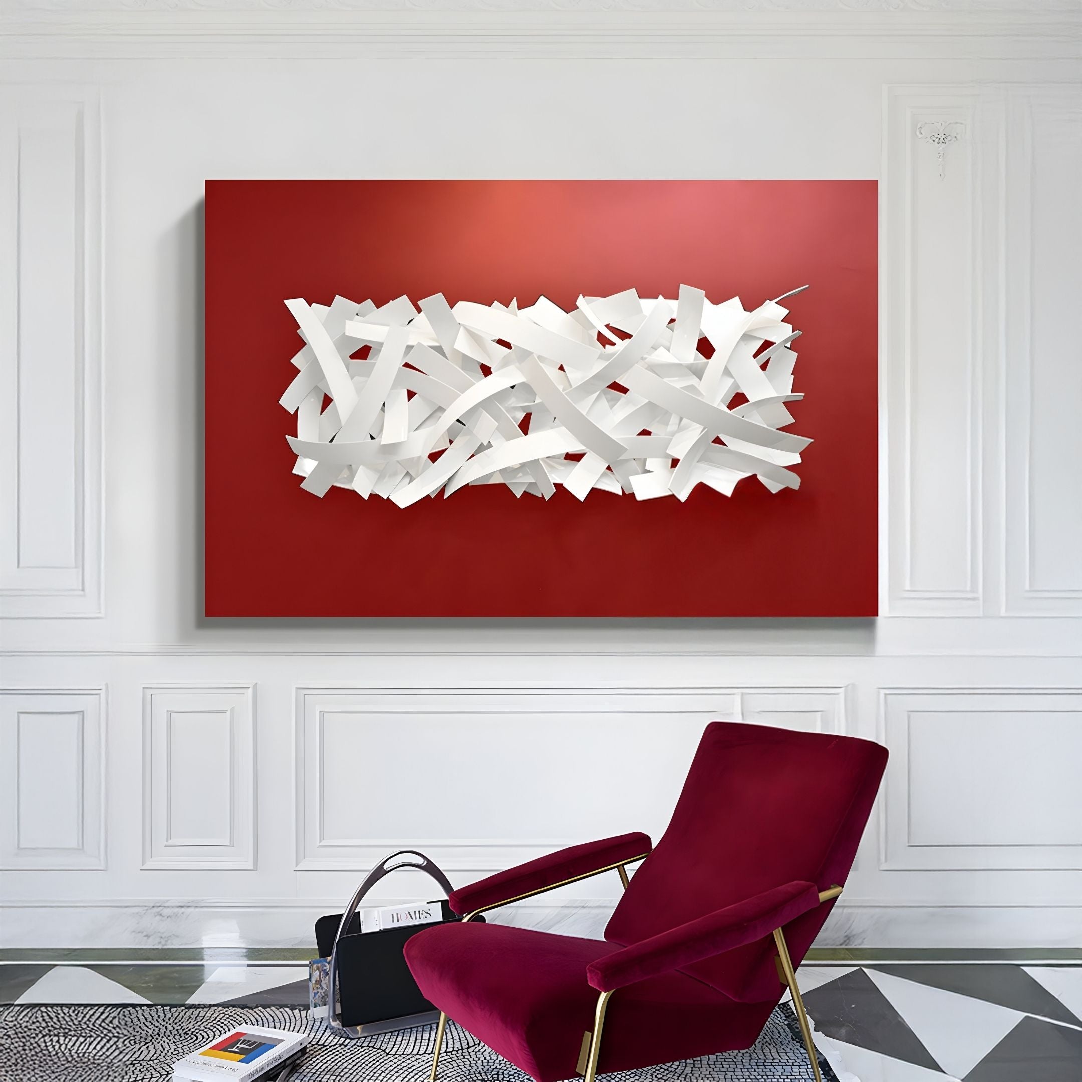 Stravira Red & Sculptural White Metal 3D Wall Art