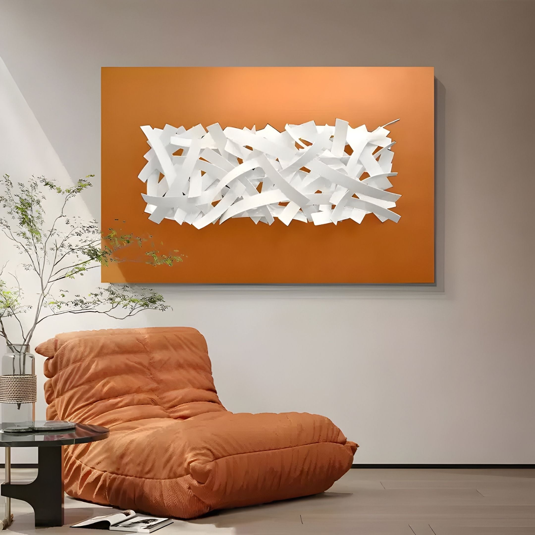 Stravira Orange & Sculptural White Metal 3D Wall Art