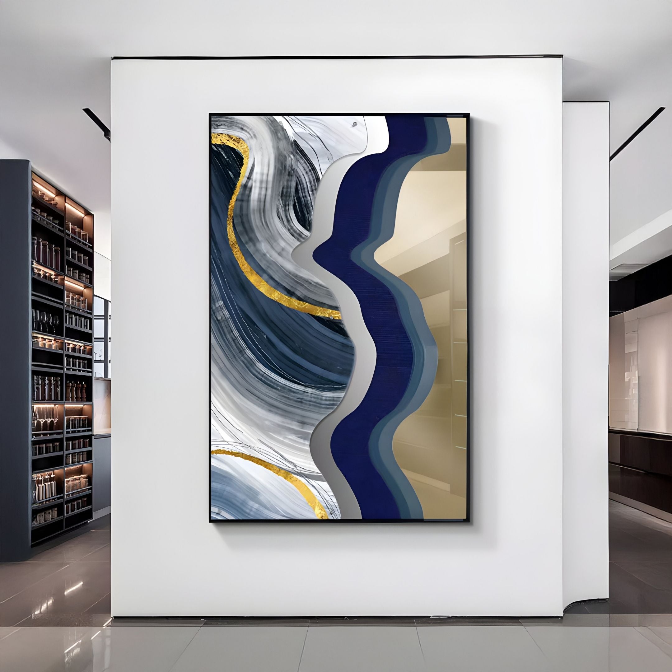 Veridra Grey-Blue Wave & Gold Ribbon Acrylic 3D Wall Art