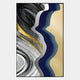 Veridra Monochrome Wave & Gold Ribbon Acrylic 3D Wall Art featuring sweeping black, grey, and white brushstrokes with a gold metallic ribbon, navy and beige sculptural acrylic contours, on a light background.
