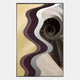 Veridra Spiral Stair III Acrylic & Metal 3D Wall Art featuring a spiral staircase oculus on the right with layered wave forms in plum, mauve, and grey beside a sand-gold field, framed in brushed aluminium.