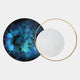 Auricara Sapphire White Disc & Metal Ring 3D Wall Art featuring a deep sapphire-blue acrylic disc, a white stippled disc, and a gold iron ring on a light grey background.