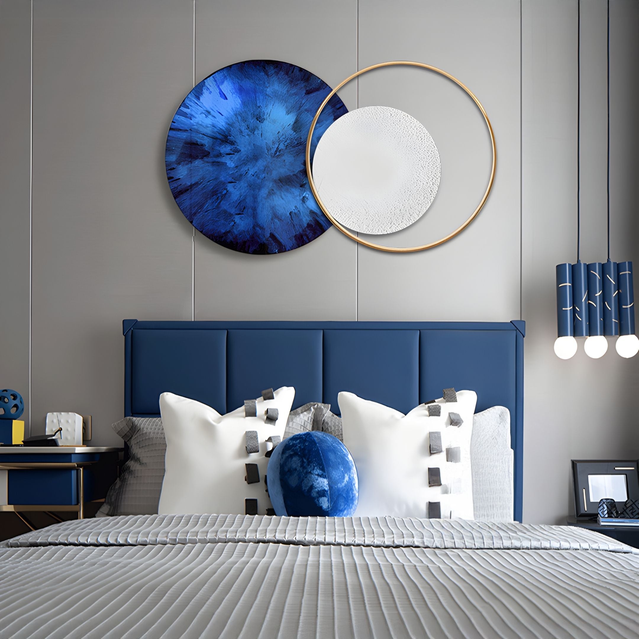 Auricara Cobalt Blue White Disc & Metal Ring 3D Wall Art