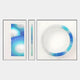 Virelium 3-Set Azure Gradient Single Ring II Acrylic 3D Wall Art by Giant Sculptures featuring a ripple rectangle, slim vertical baton, and circular ring in white-to-azure tones within black-framed aluminium panels on a light background.