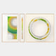 Virelium 3-Set Verdant Gradient Double Ring I Acrylic 3D Wall Art by Giant Sculptures with rectangular, vertical, and double-ring panels in green, yellow, and white with aluminium frames on a light background.