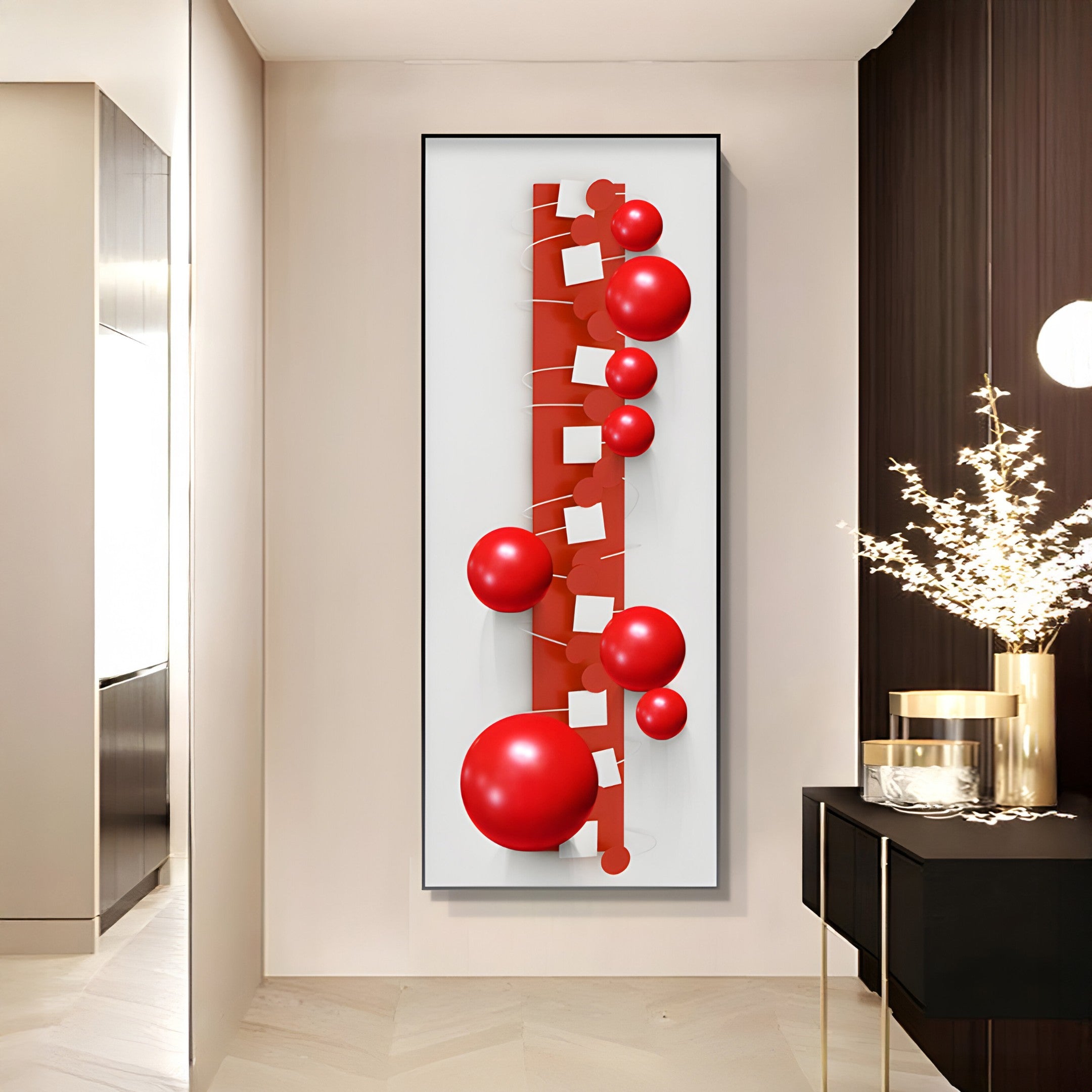 Orbevo White & Red Sphere Vertical 3D Acrylic Wall Art