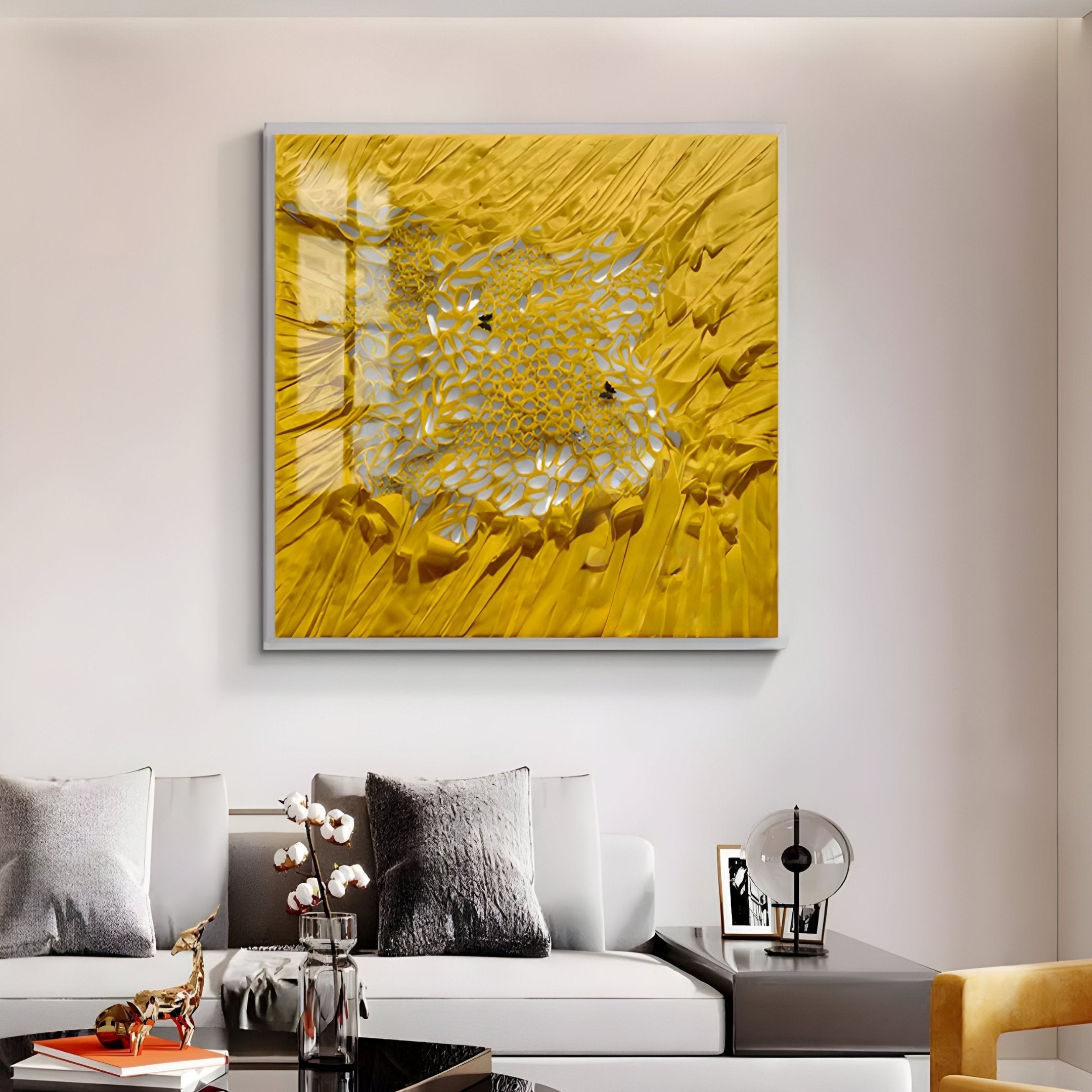 Velorra Golden Honey Bloom Ribbon Acrylic Frame 3D Wall Art