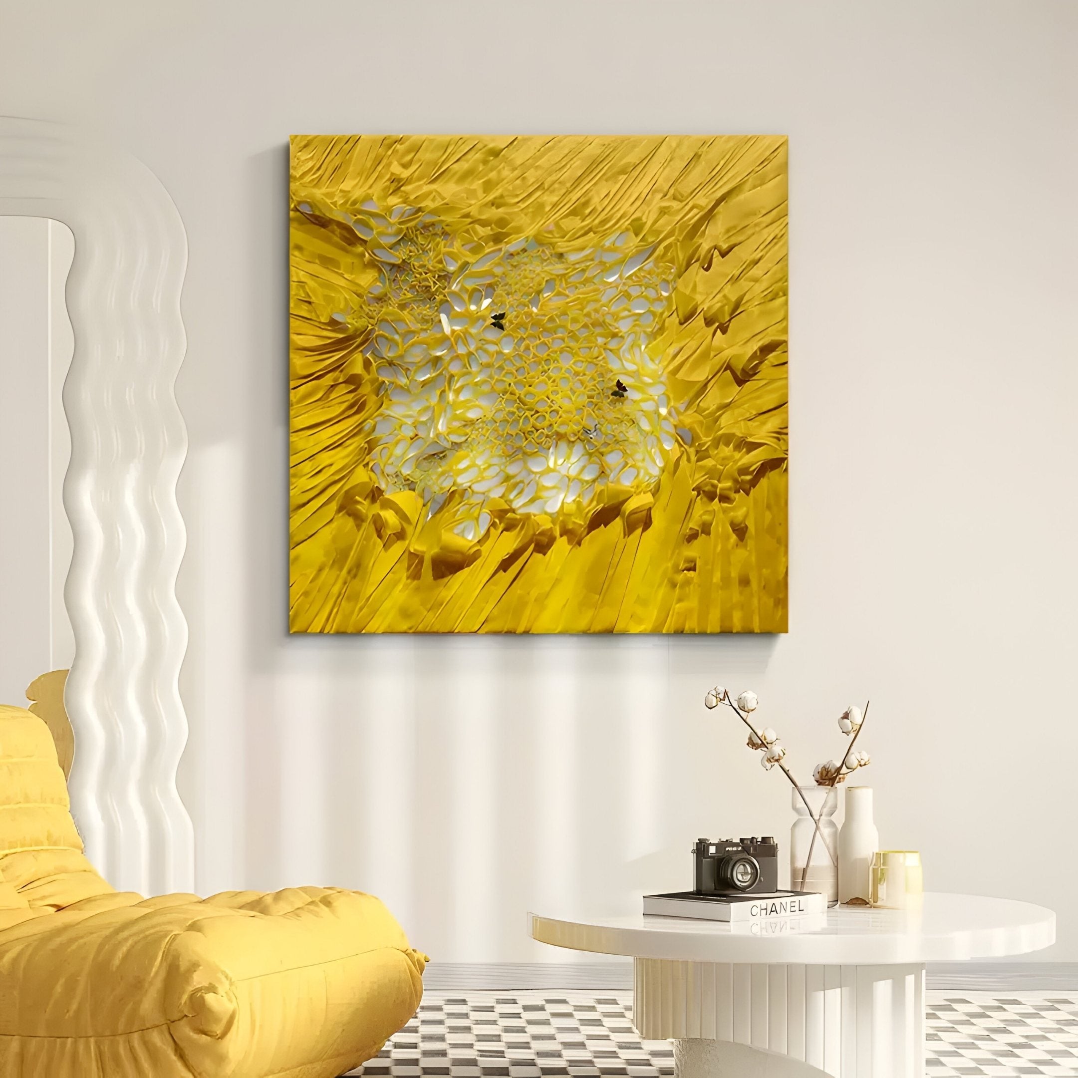 Velorra Golden Honey Bloom Ribbon Frameless 3D Wall Art