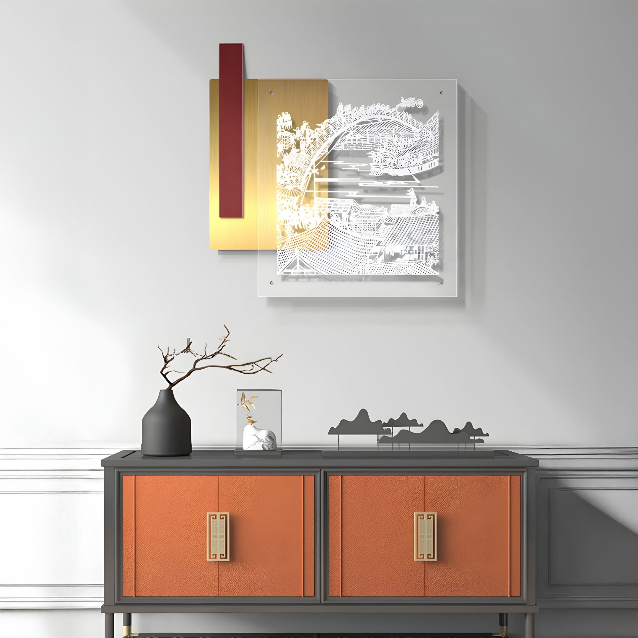 Inkarch Red & Gold Overlook Scene Acrylic 3D Wall Art