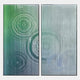 Cirquora Green I Gradient Ripple Diptych Acrylic 3D Wall Art by Giant Sculptures, two framed panels with layered vertical acrylic grooves and concentric ripple patterns in jade green to silver-blue, shown against a light background.