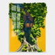 The Truvira Bay Window Cottage Moss Framed 3D Wall Art by Giant Sculptures features a tree with green foliage and a textured trunk framed against a bright yellow background, ideal for adding charm to cottage or bay window decor.