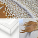A collage shows Giant Sculptures’ Lirien Twin Pearl Fronds Gold Sculptural 3D Wall Art with close-up white pearls on textured wooden fronds, a clear acrylic box, and soft botanical accents over a white background.