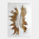 The Lirien Twin Pearl Fronds Gold Sculptural 3D Wall Art by Giant Sculptures features two abstract golden feather-like shapes with textured white bead centers on a white background—ideal for contemporary wall decor.
