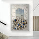 The Pearlash Bloom Cascade Mixed Media 3D Wall Art by Giant Sculptures features white and gray vertical blocks, branching tendrils, and blue-orange spheres for striking modern decor on any bright hallways textured white wall.