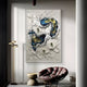 A modern living space features the Pearlash Coral Nest Mixed Media 3D Wall Art by Giant Sculptures in white, blue, and yellow, a velvet chair, a sculptural wooden side table, and a tall gold floor lamp.
