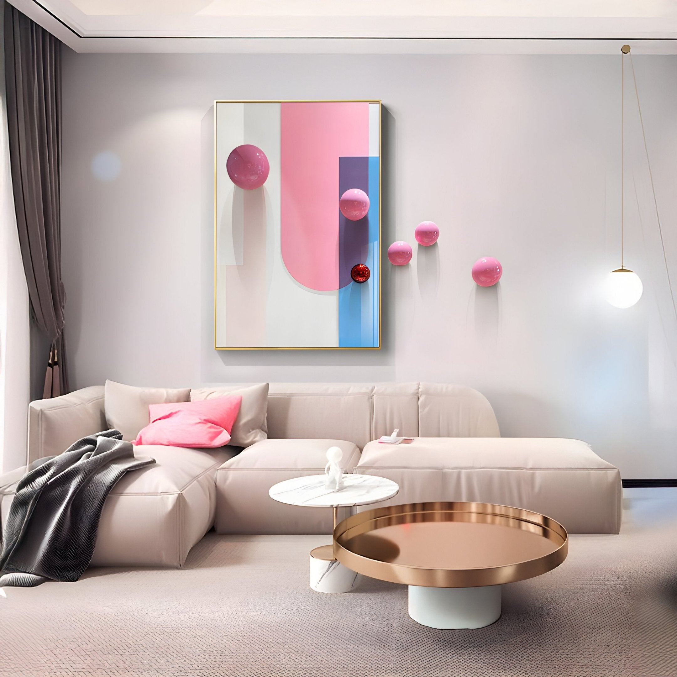 Bounce Pink & Blue Panel With Glossy Pink Balls Acrylic 3D Wall Art