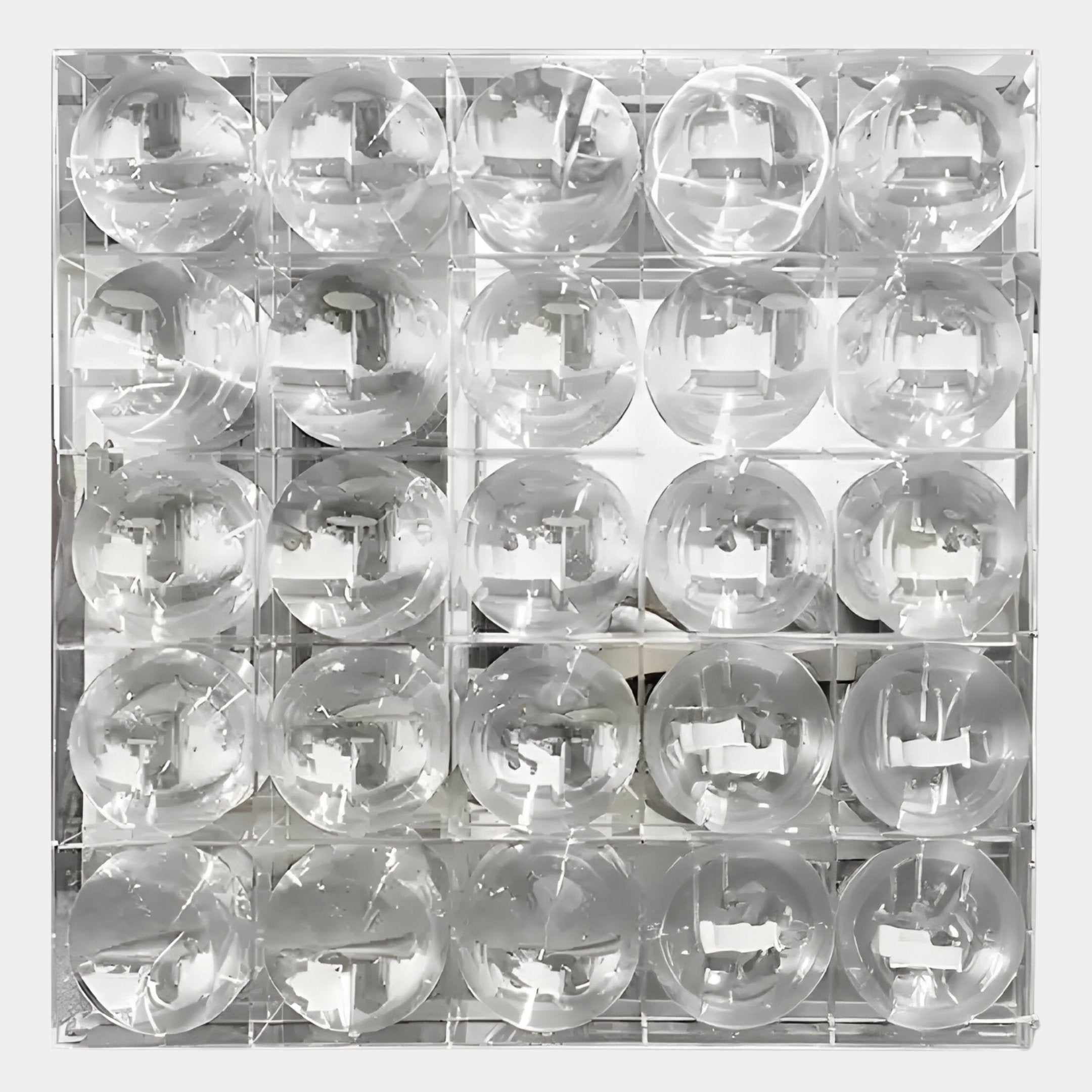 The Haloid III Bubble Grid Acrylic 3D Wall Art by Giant Sculptures features 25 clear round domes in a five-by-five square, creating a striking, light-reflective bubble grid design against a white background.