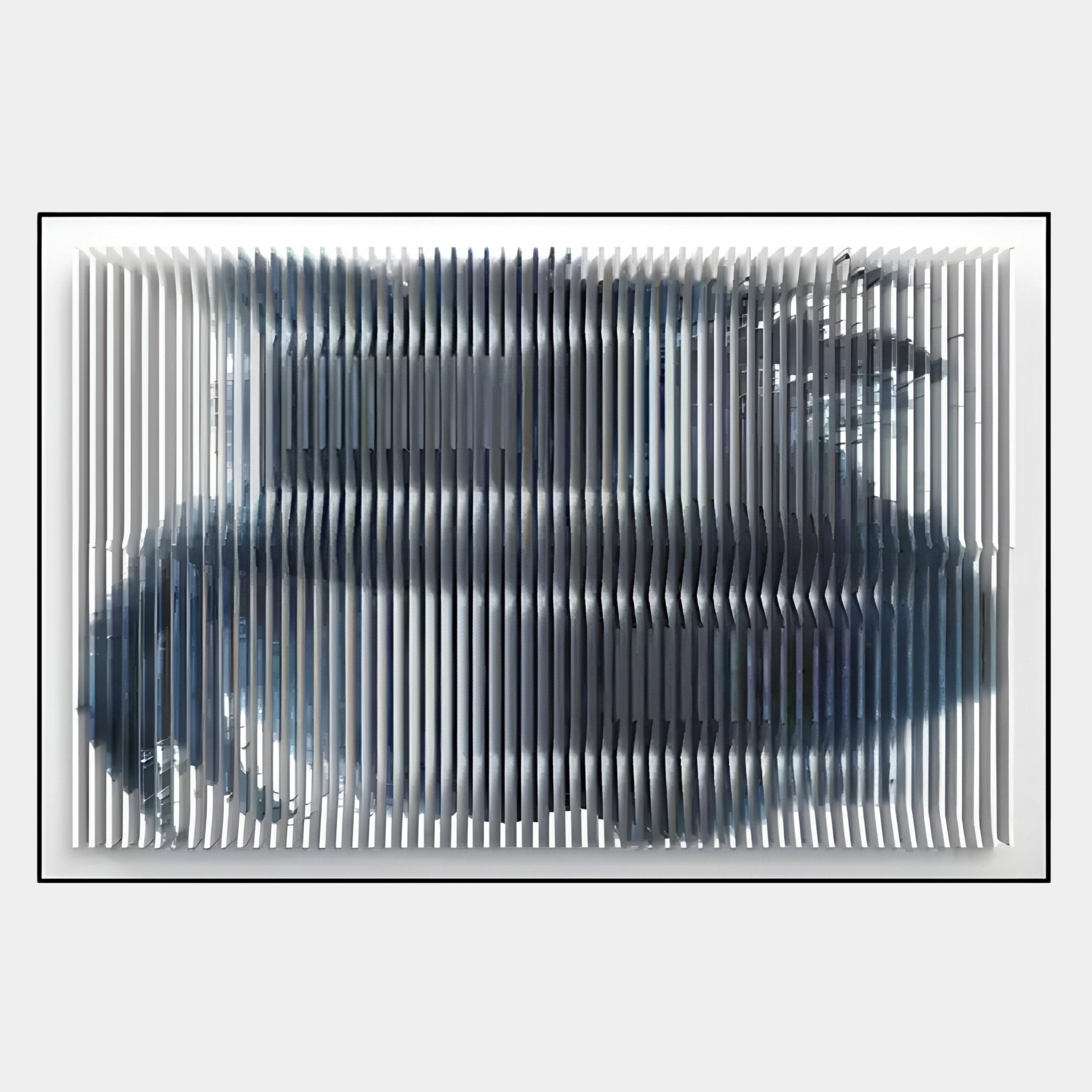 The Nebula I Midnight Swirl Acrylic 3D Wall Art by Giant Sculptures features vertical white slats over a dark abstract image, creating a dynamic layered look—ideal for luxury interiors and set against a light gray background.