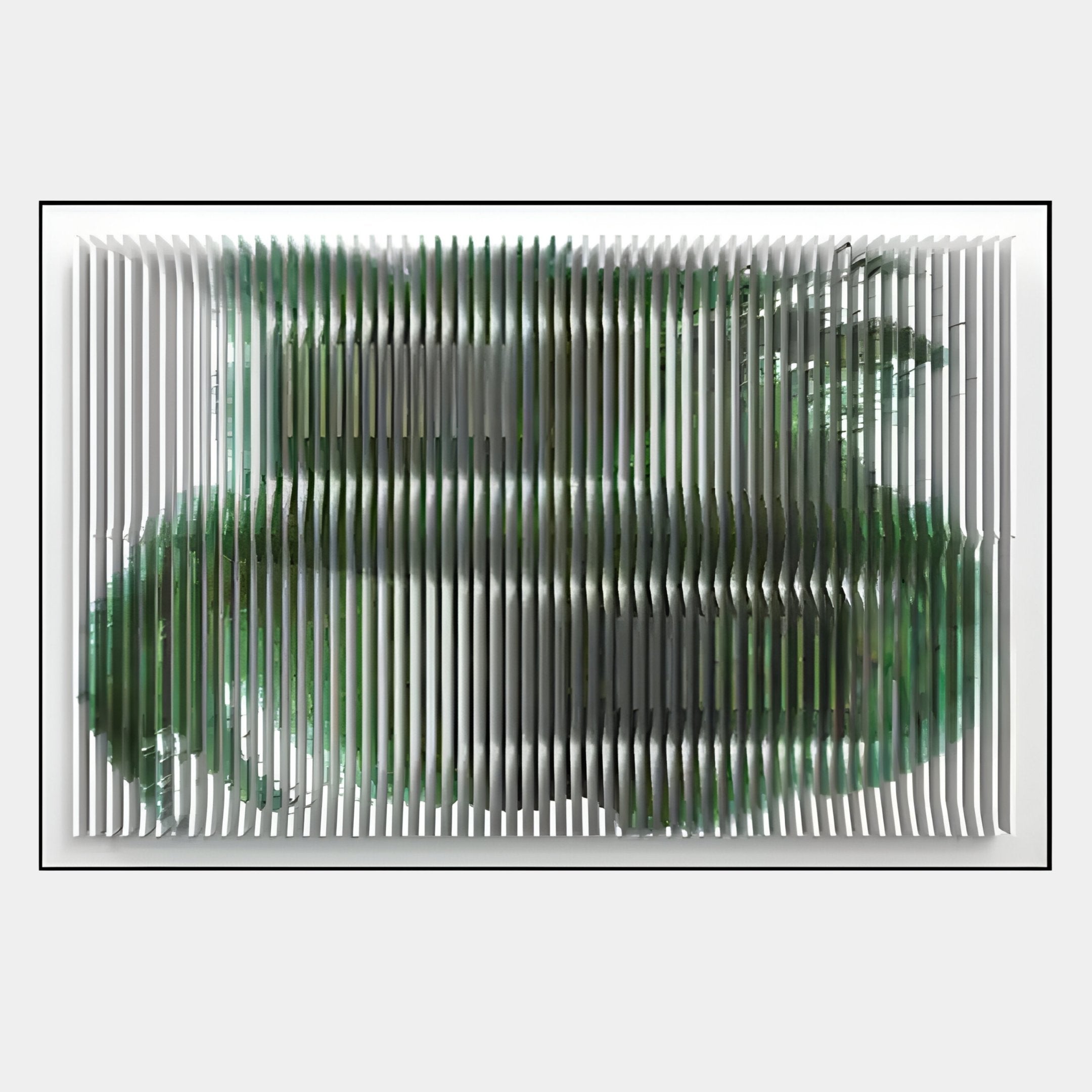 The Nebula I Forest Mirage Acrylic 3D Wall Art by Giant Sculptures features vertical white slats over a green, nature-inspired image, creating a layered optical illusion—ideal for adding visual intrigue to modern interiors.