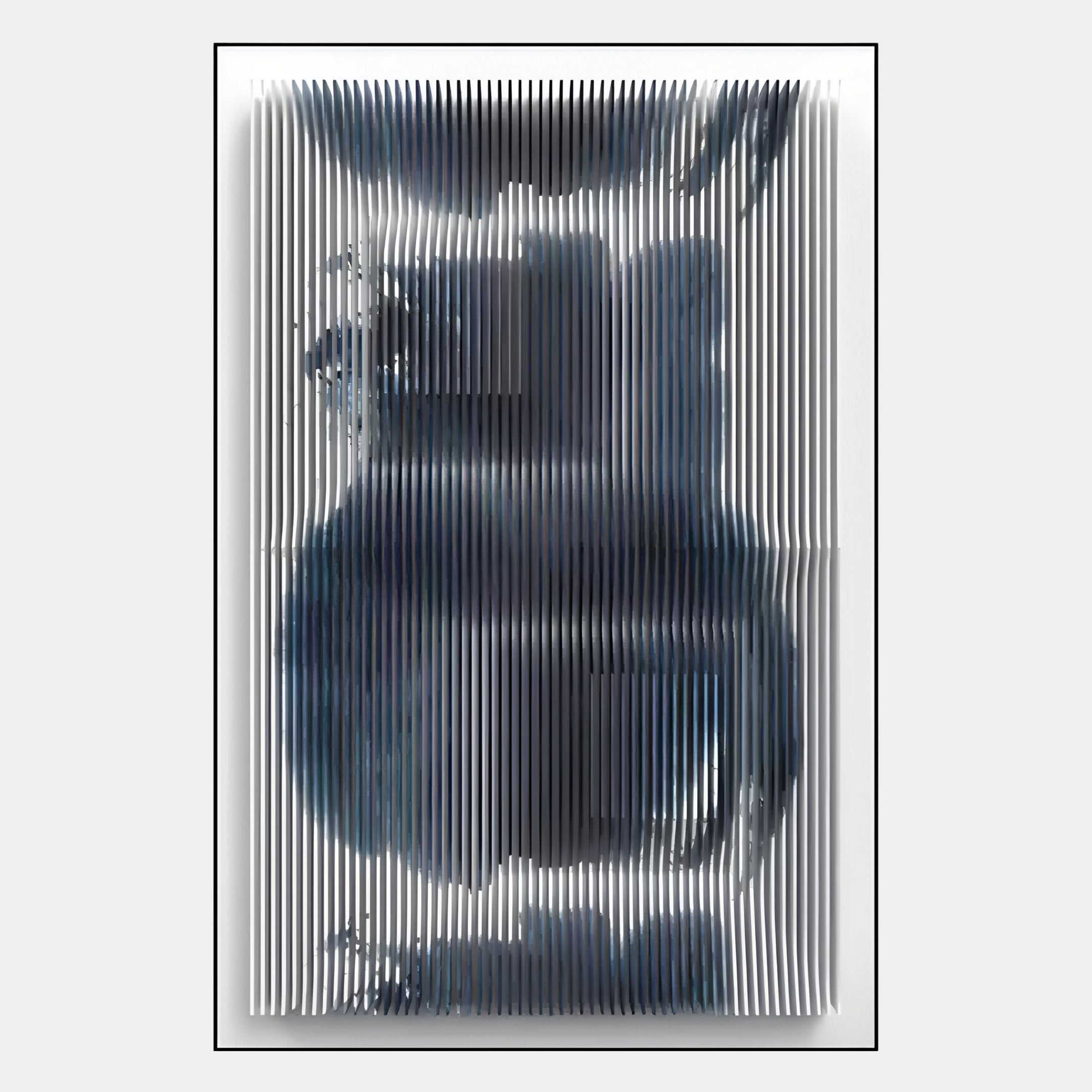 The Nebula II Midnight Swirl Acrylic 3D Wall Art by Giant Sculptures features vertical white slats over dark blue and gray forms, creating a striking layered effect in a sleek black frame—ideal for modern abstract decor.