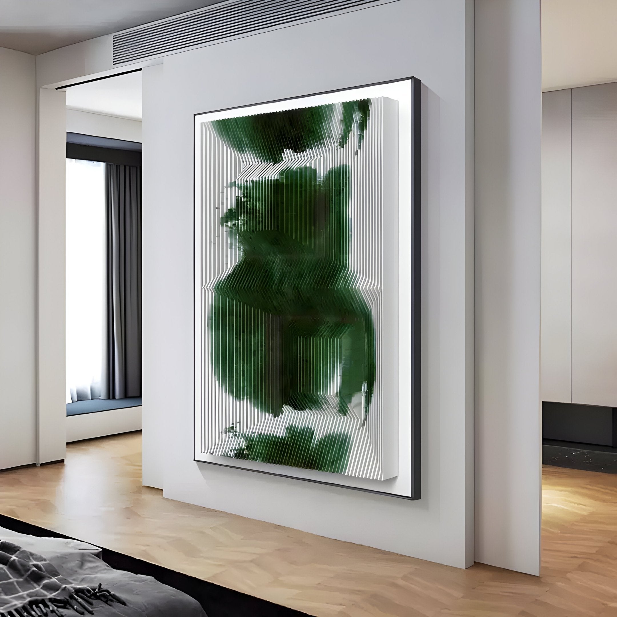 The Nebula II Forest Mirage Acrylic 3D Wall Art by Giant Sculptures hangs on a white wall, displaying green brushstrokes over vertical black and white lines for a bold, layered visual effect in this modern room.