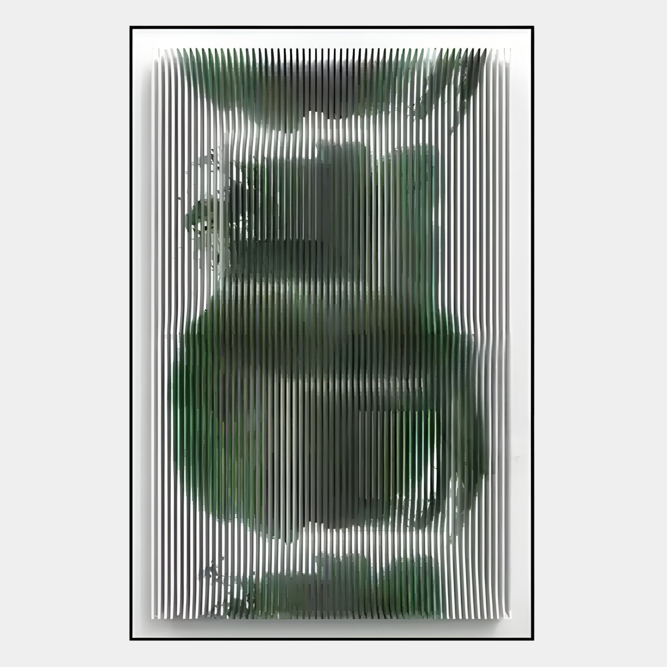 The Nebula II Forest Mirage Acrylic 3D Wall Art by Giant Sculptures features vertical white slats over blurred green and dark shapes, creating a layered forest illusion with light and shadow, framed in thin black on a light gray background.