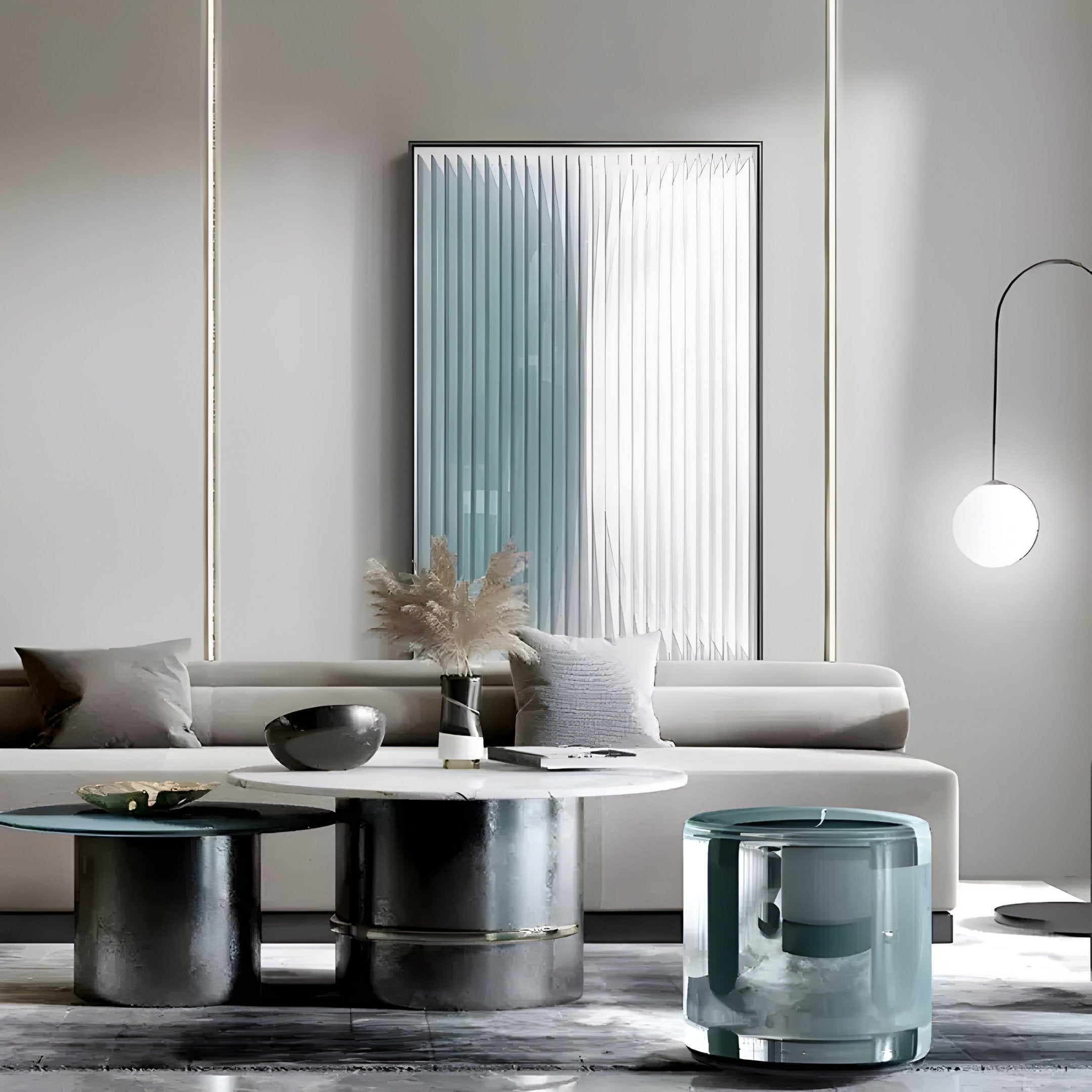 A modern living room with a gray sofa, round coffee tables, glass side table, Giant Sculptures Verta Blue Gradient Acrylic 3D Wall Art, decorative vases, neutral cushions, and a minimalist hanging globe lamp in soft muted tones.