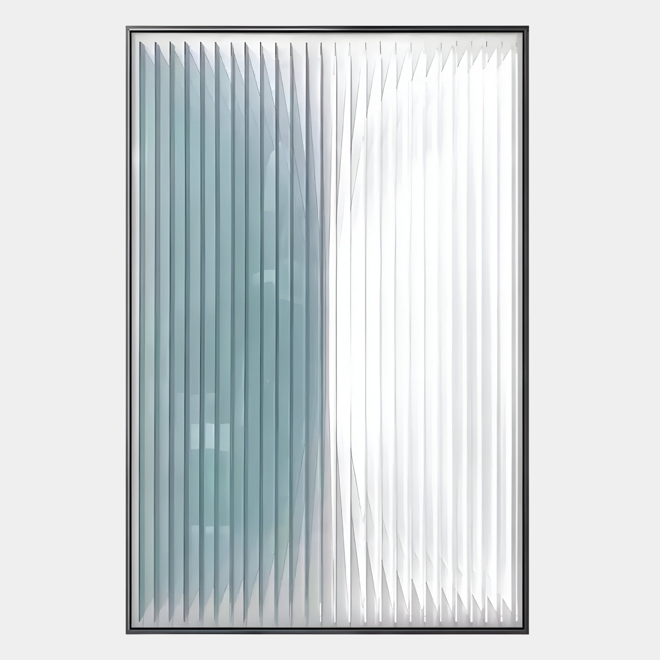 The Verta Blue Gradient Acrylic 3D Wall Art by Giant Sculptures features a rectangular frame with vertical, evenly spaced slats transitioning from light blue to white, creating a striking gradient effect ideal as sculptural wall art.