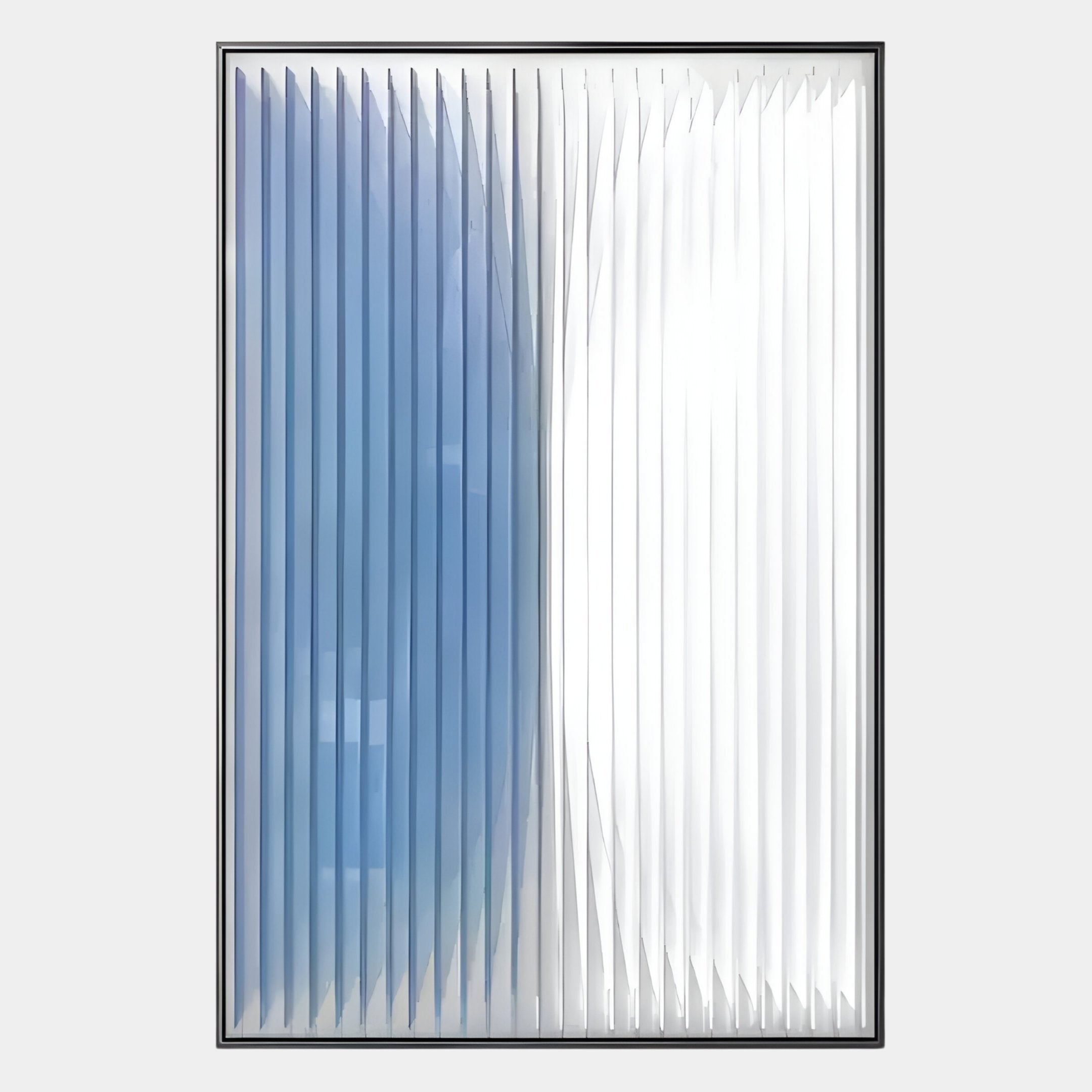 The Verta Sky Blue Gradient Acrylic 3D Wall Art by Giant Sculptures features blue-to-white vertical slats, creating a striking gradient and layered optical effect—ideal for fans of modern acrylic art.