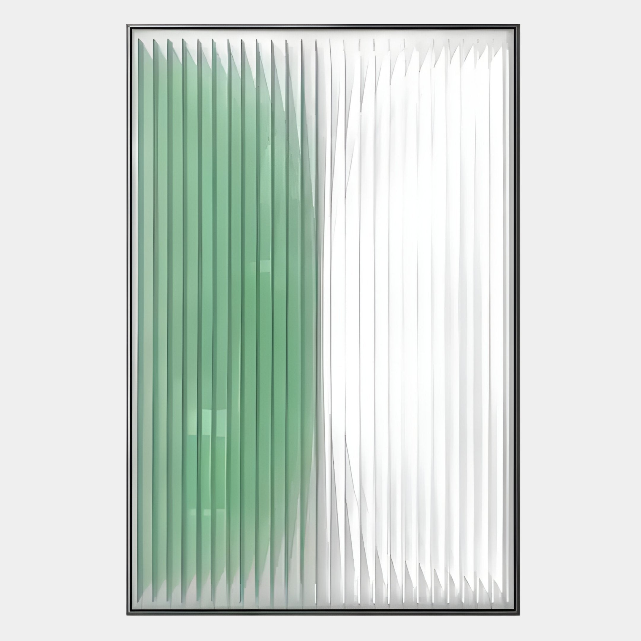 The Verta Mint Gradient Acrylic 3D Wall Art by Giant Sculptures features vertical slats with green hues on the left and a white transition on the right, creating a modern optical illusion perfect for contemporary interiors.