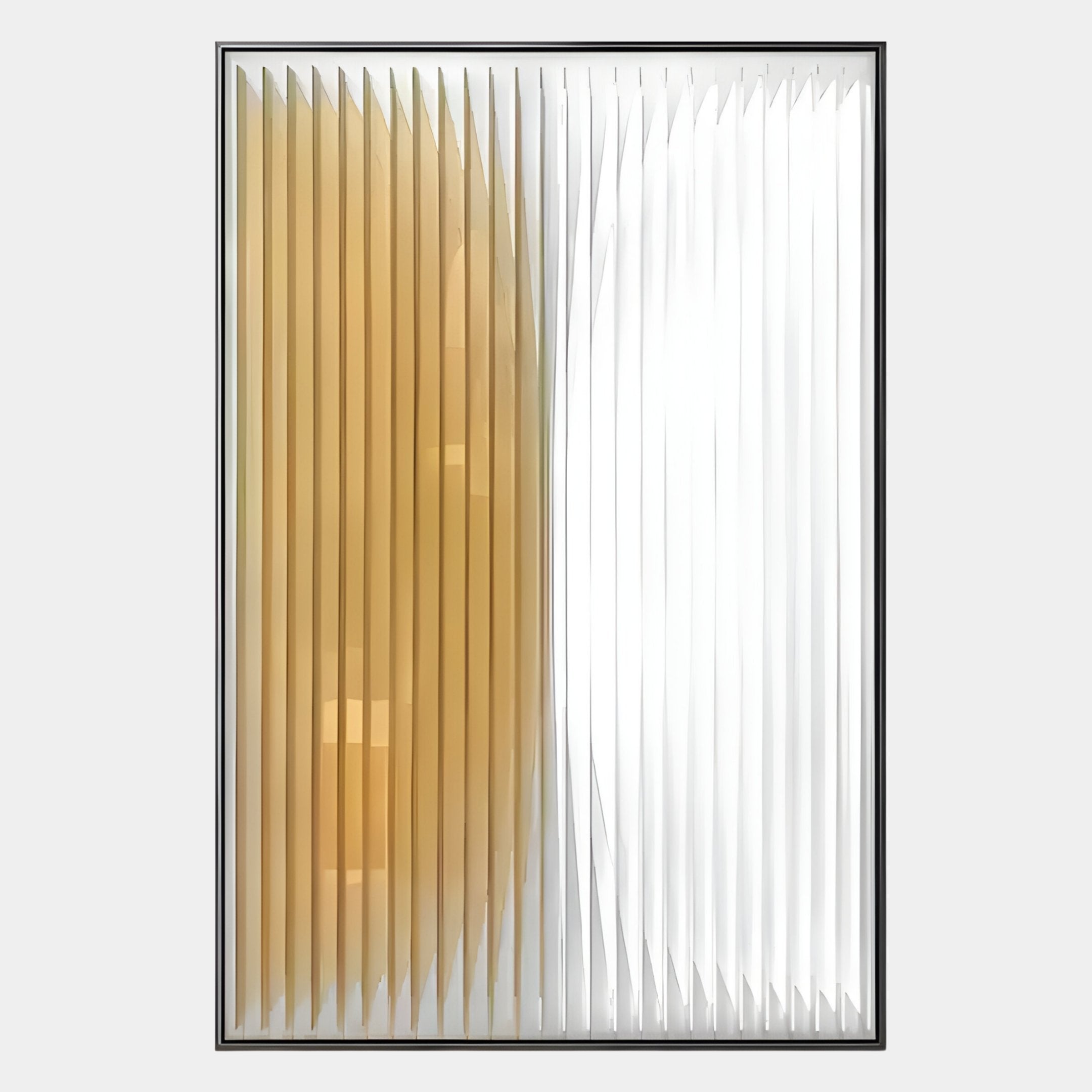 The Verta Amber Gradient Acrylic 3D Wall Art by Giant Sculptures features vertical, angled panels with translucent golden-yellow tones on the left that blend toward white on the right, creating striking modern geometric wall decor.