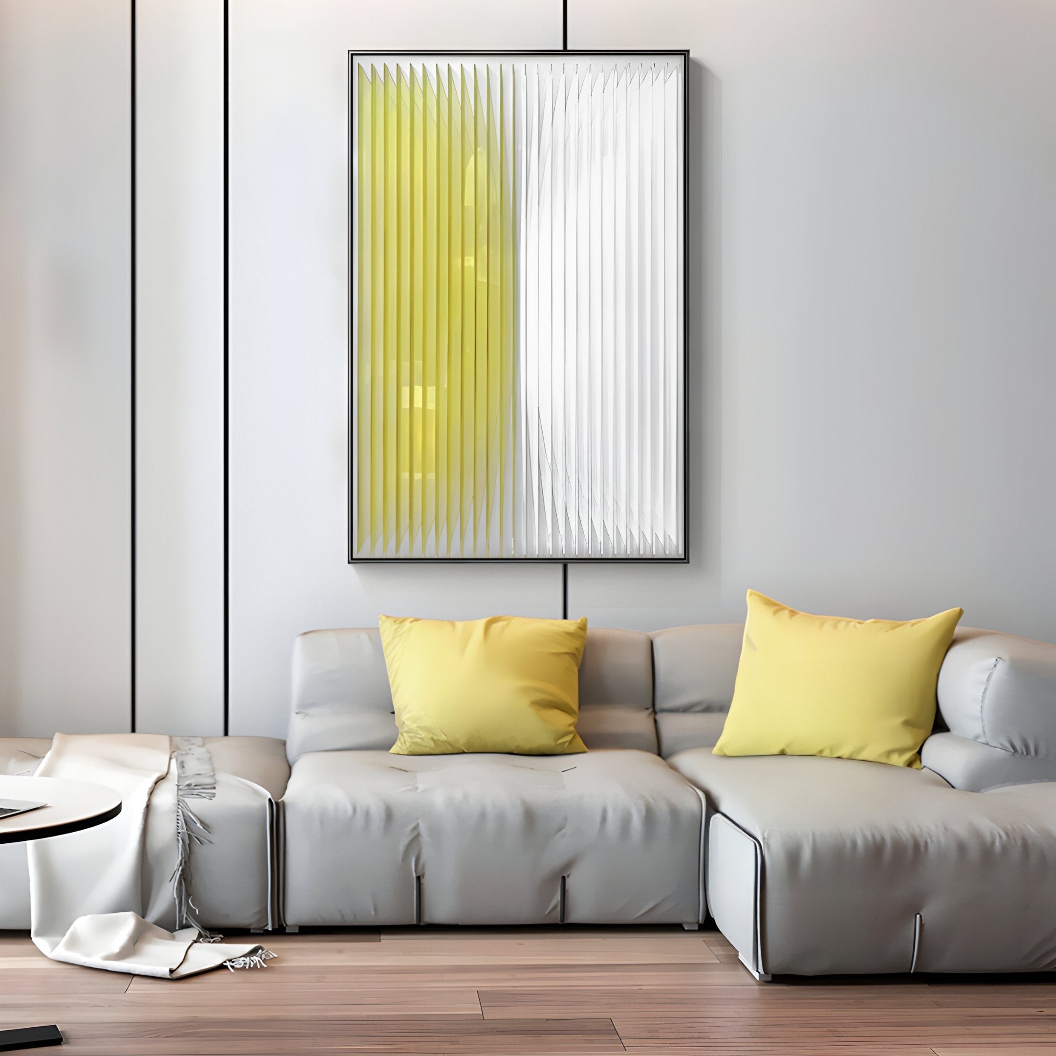 A modern living room with a light gray sofa, two yellow pillows, a white throw blanket, and Giant Sculptures Verta Lemon Gradient Acrylic 3D Wall Art featuring yellow and white stripes on a light gray wall.