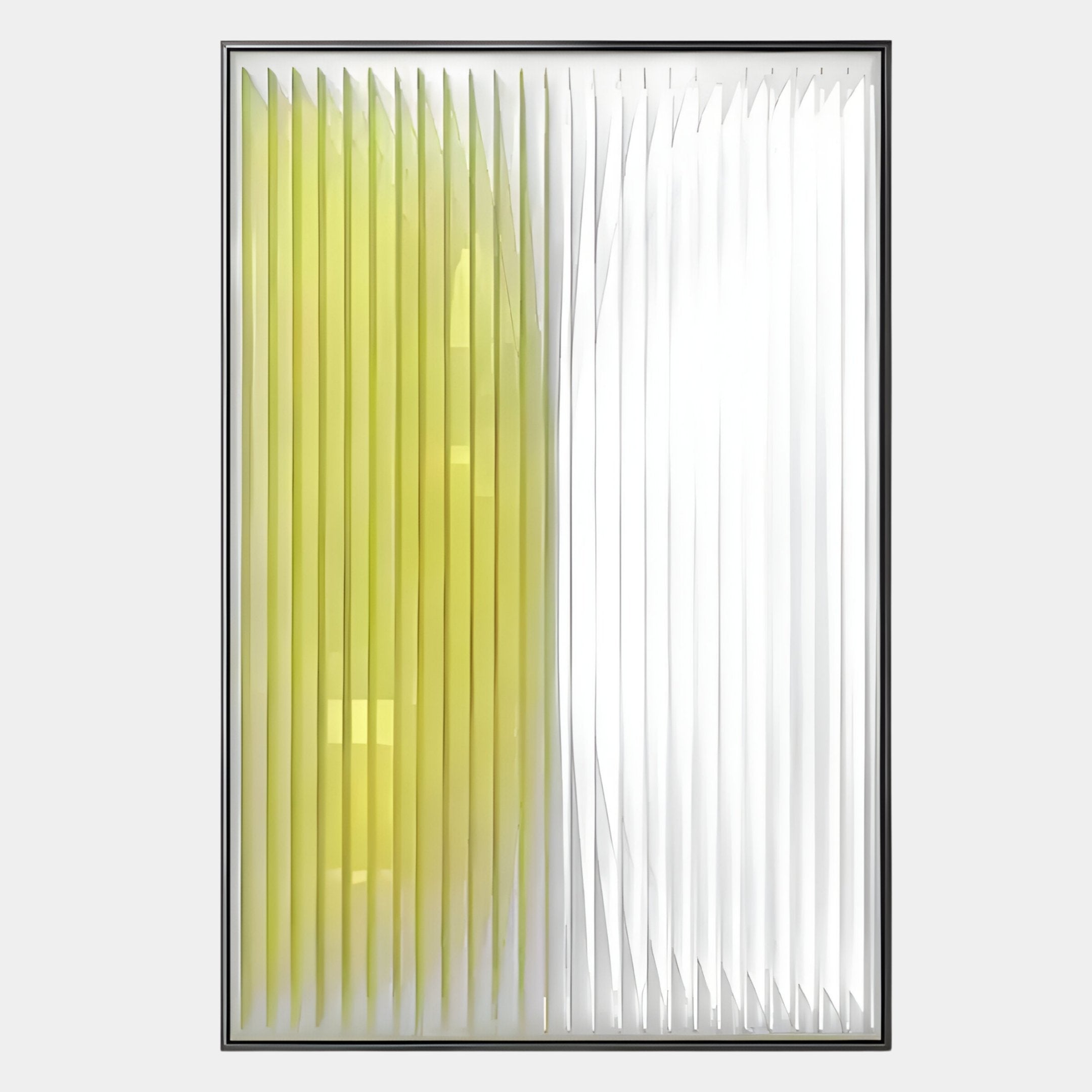The Verta Lemon Gradient Acrylic 3D Wall Art by Giant Sculptures features vertical yellow and white panels in a black frame, creating a modern minimalist effect—perfect for brightening any space with bold lemon gradient style.