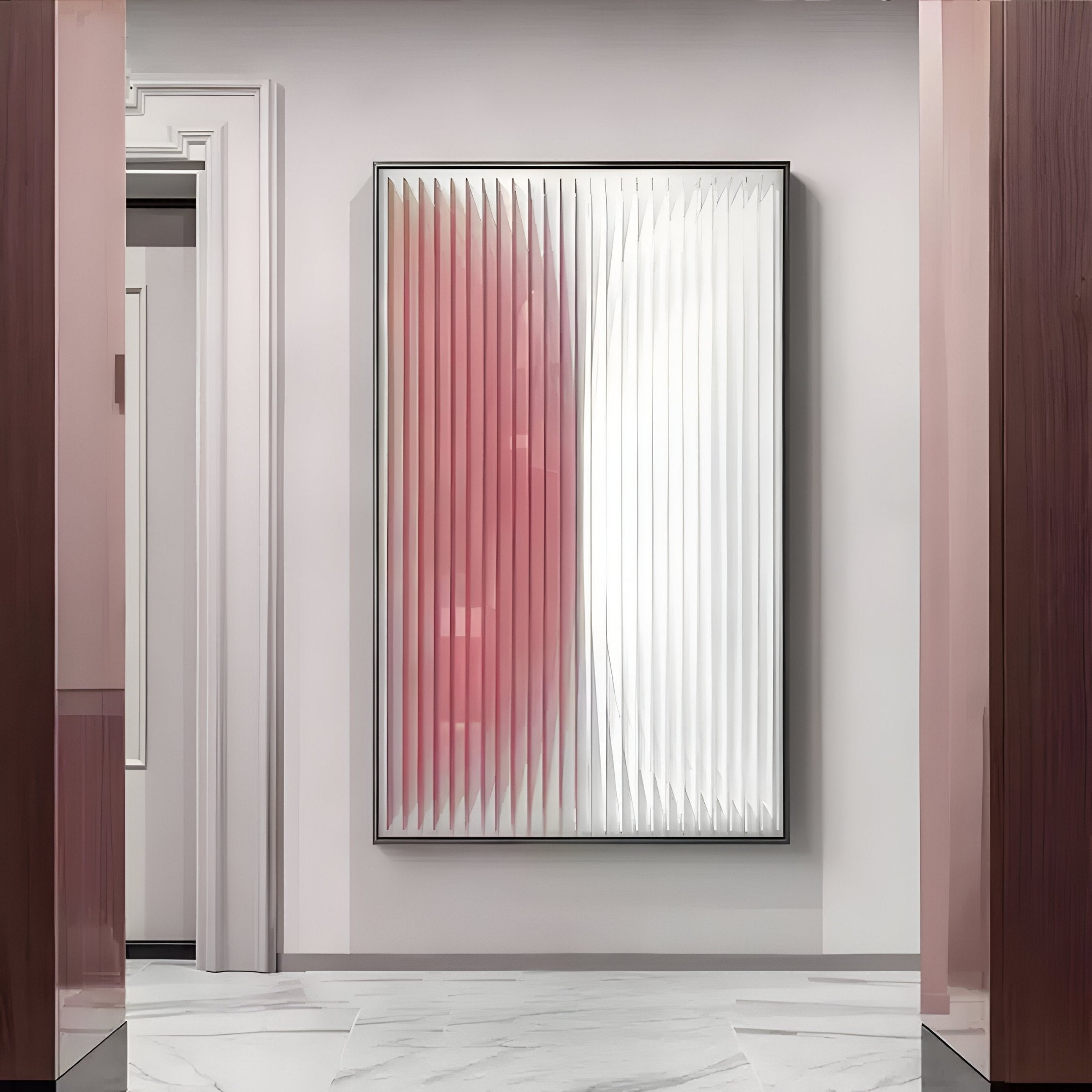 A modern hallway showcases the Giant Sculptures Verta Rose Gradient Acrylic 3D Wall Art, featuring vertical ridges and a rose pink-to-white gradient, mounted on a pale wall between marble floors and polished wooden door frames.
