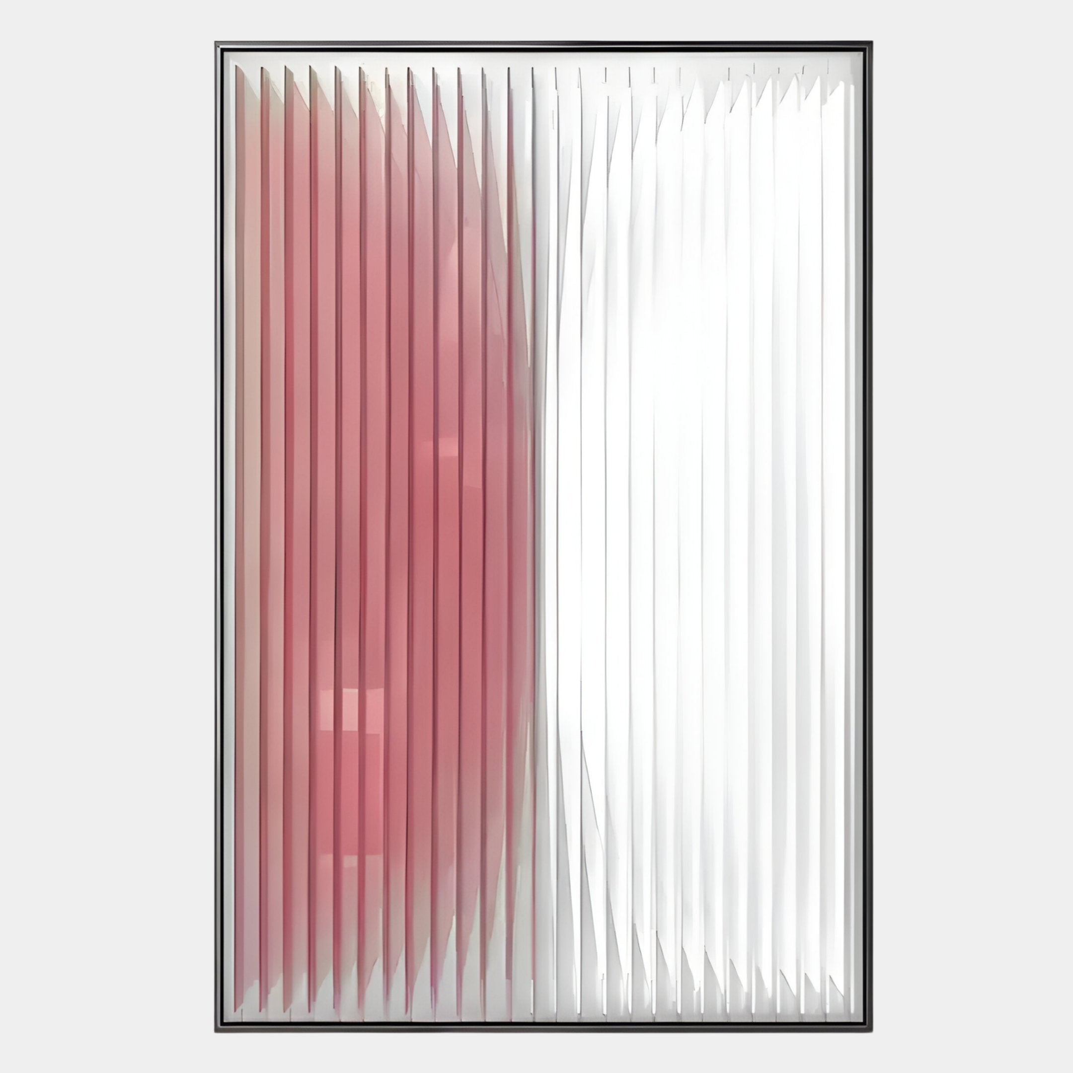 The Verta Rose Gradient Acrylic 3D Wall Art by Giant Sculptures features vertical slats in rose gradient tones on the left and crisp white on the right, blending into a sleek abstract design within a thin black frame.