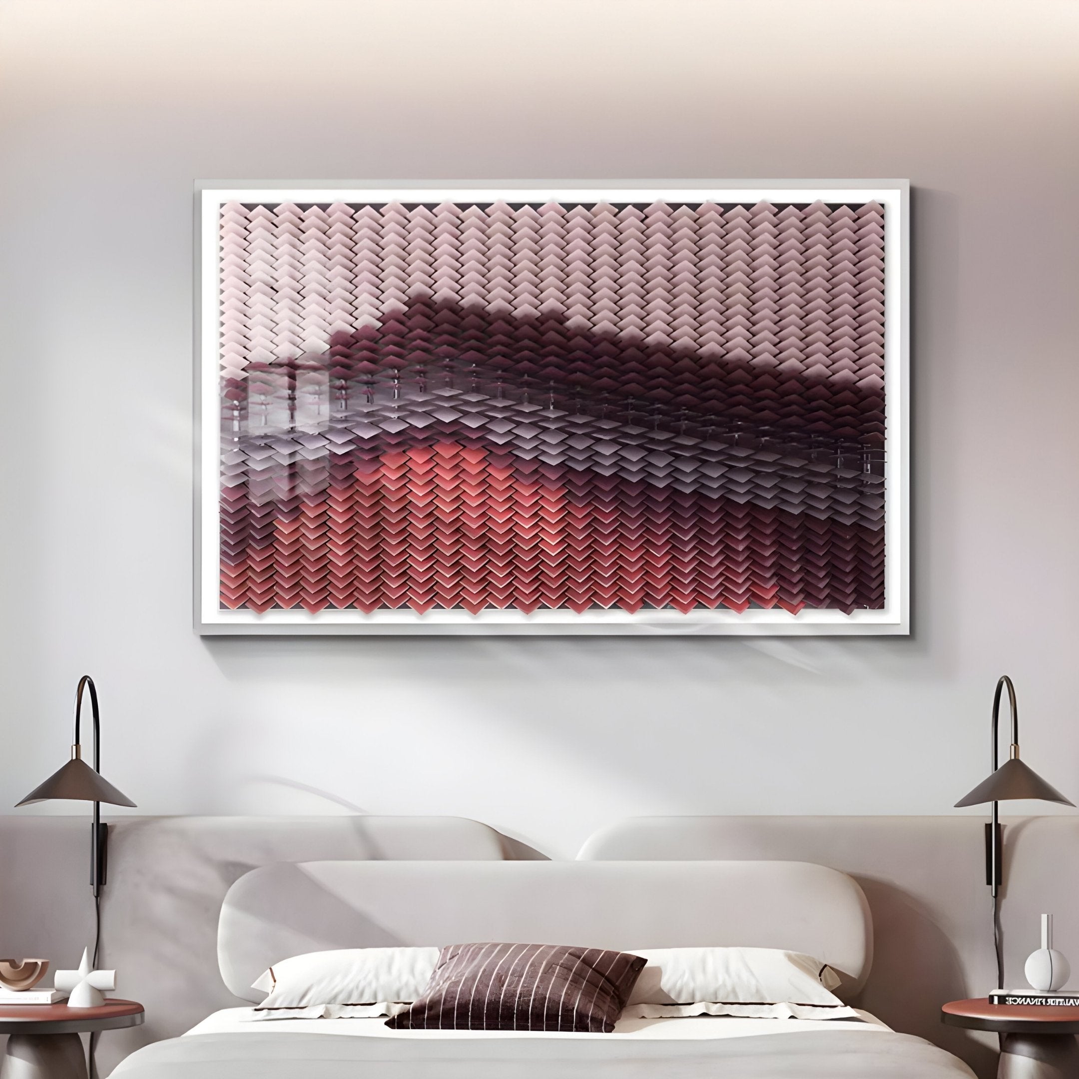 A modern bedroom featuring the Tessera Rose & Crimson Red Gradient Acrylic 3D Wall Art by Giant Sculptures above a double bed, with two pendant lamps—its textured chevron patterns in pink, purple, and red add chic style to any modern interior.