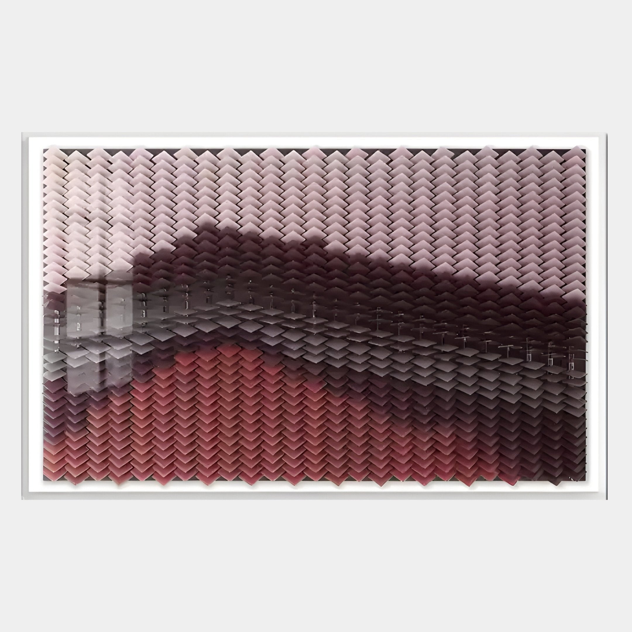 The Tessera Rose & Crimson Red Gradient Acrylic 3D Wall Art by Giant Sculptures features chevron-inspired waves in pink, mauve, and burgundy shades—an eye-catching piece that adds flair to modern interiors.