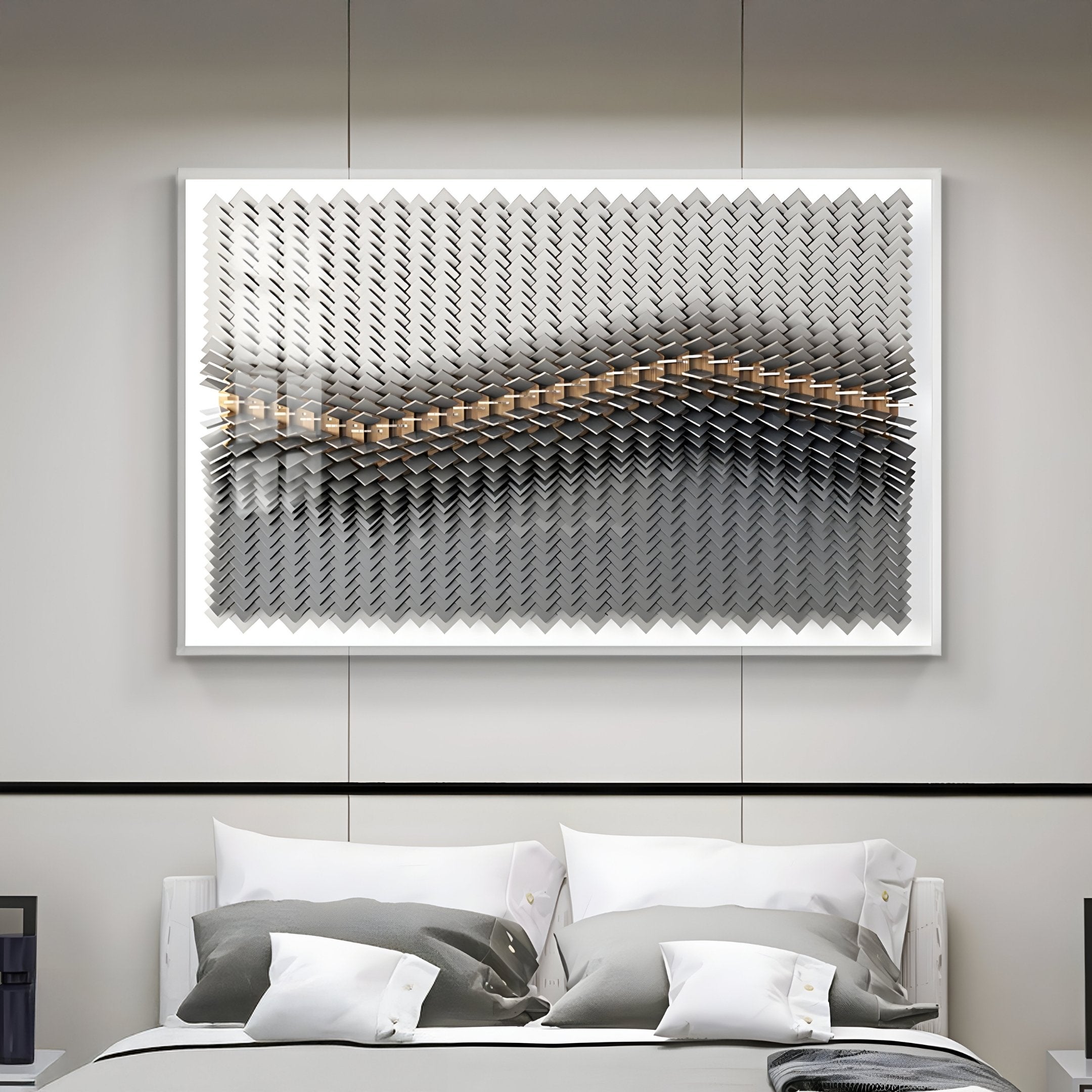 A modern bedroom with a neatly made bed in neutral tones features the Tessera Ash Grey & Warm Sandline Acrylic 3D Wall Art by Giant Sculptures, showcasing layered zigzag patterns in gray, black, white, and elegant gold accents.