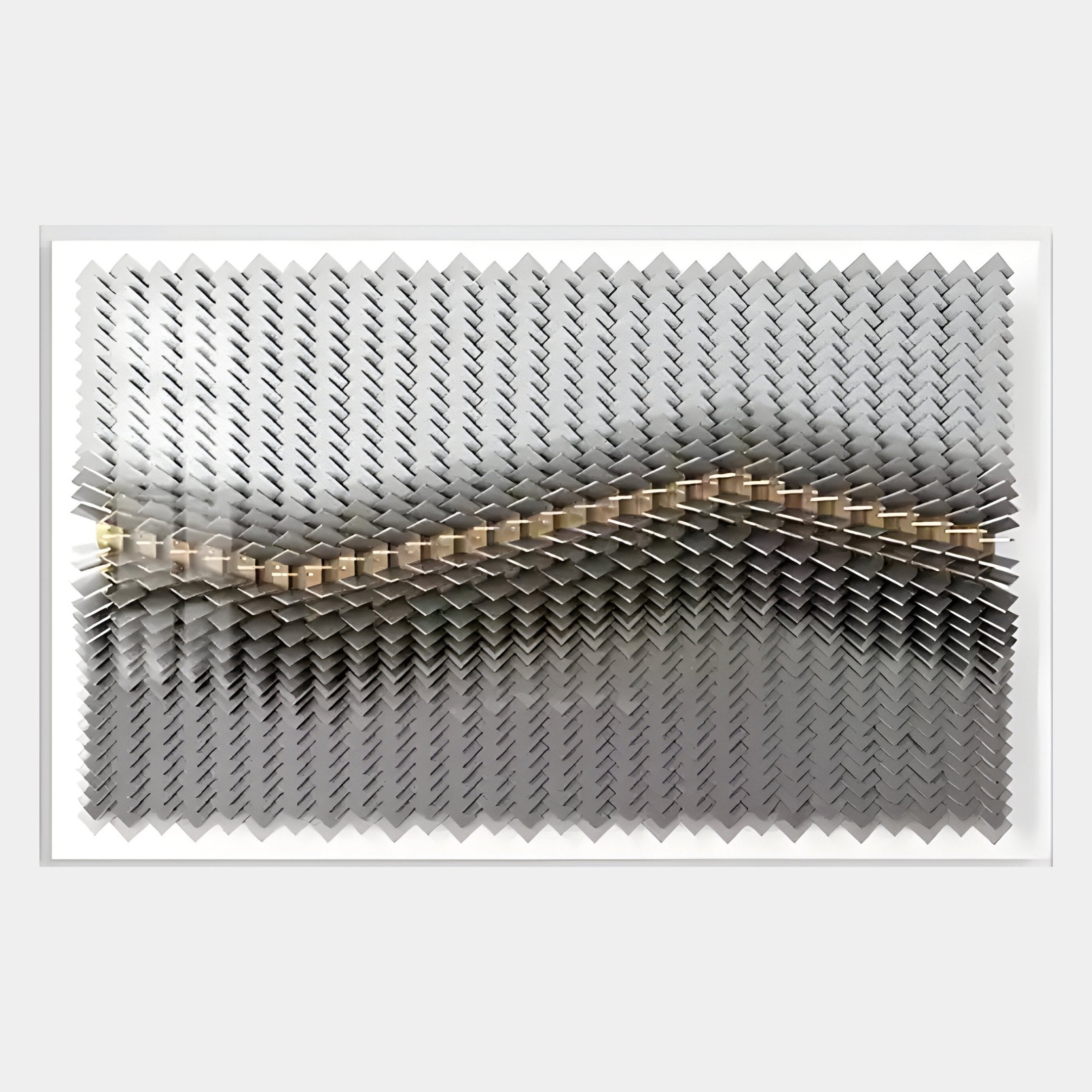The Tessera Ash Grey & Warm Sandline Acrylic 3D Wall Art by Giant Sculptures features overlapping metallic panels and a golden wave accent, creating a striking, minimalist sculpture for modern interiors.