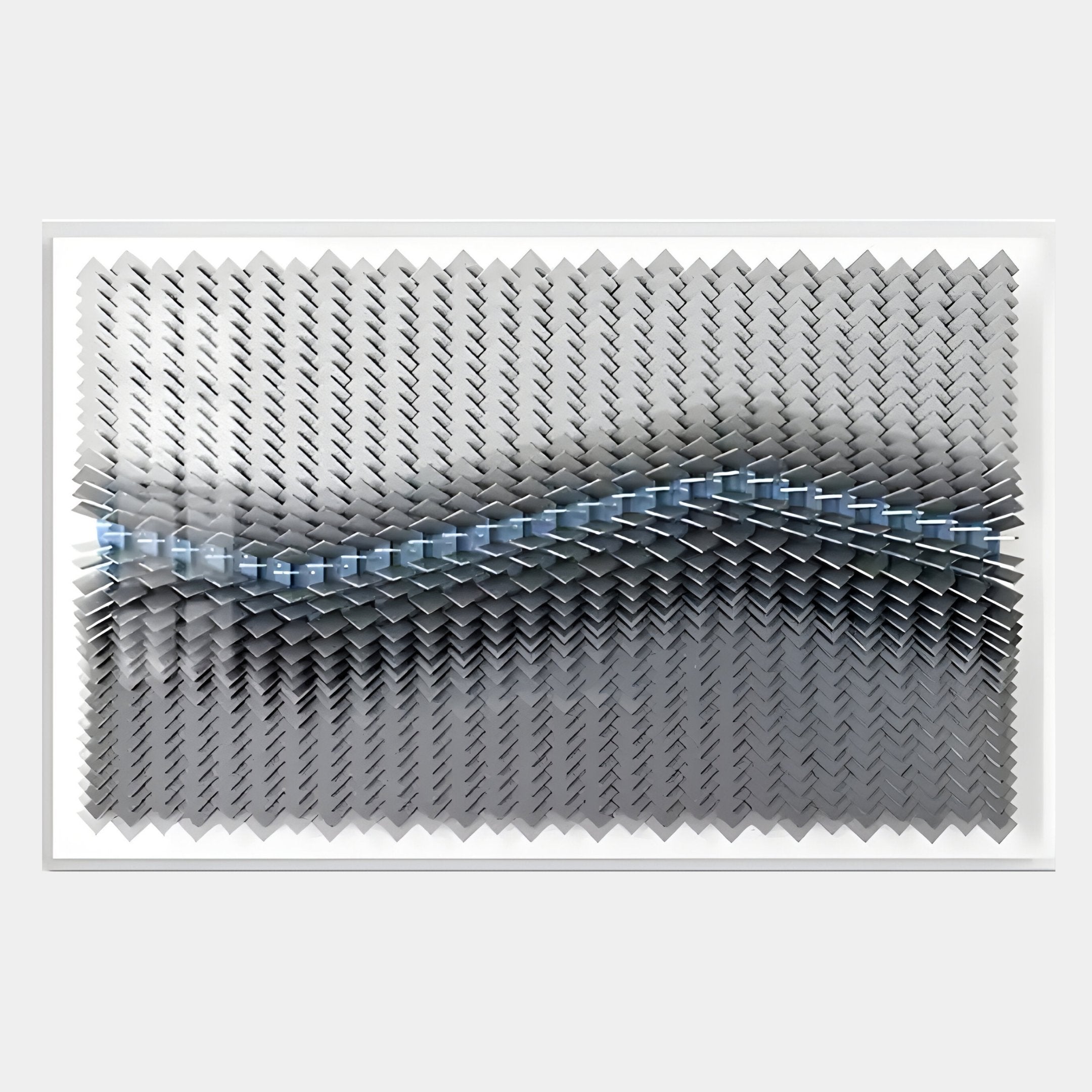 The Tessera Silver Mist & Pastel Blue Line Acrylic 3D Wall Art by Giant Sculptures features overlapping gray chevrons with a wavy blue and white line, creating striking modern geometric wall decor full of depth and movement.