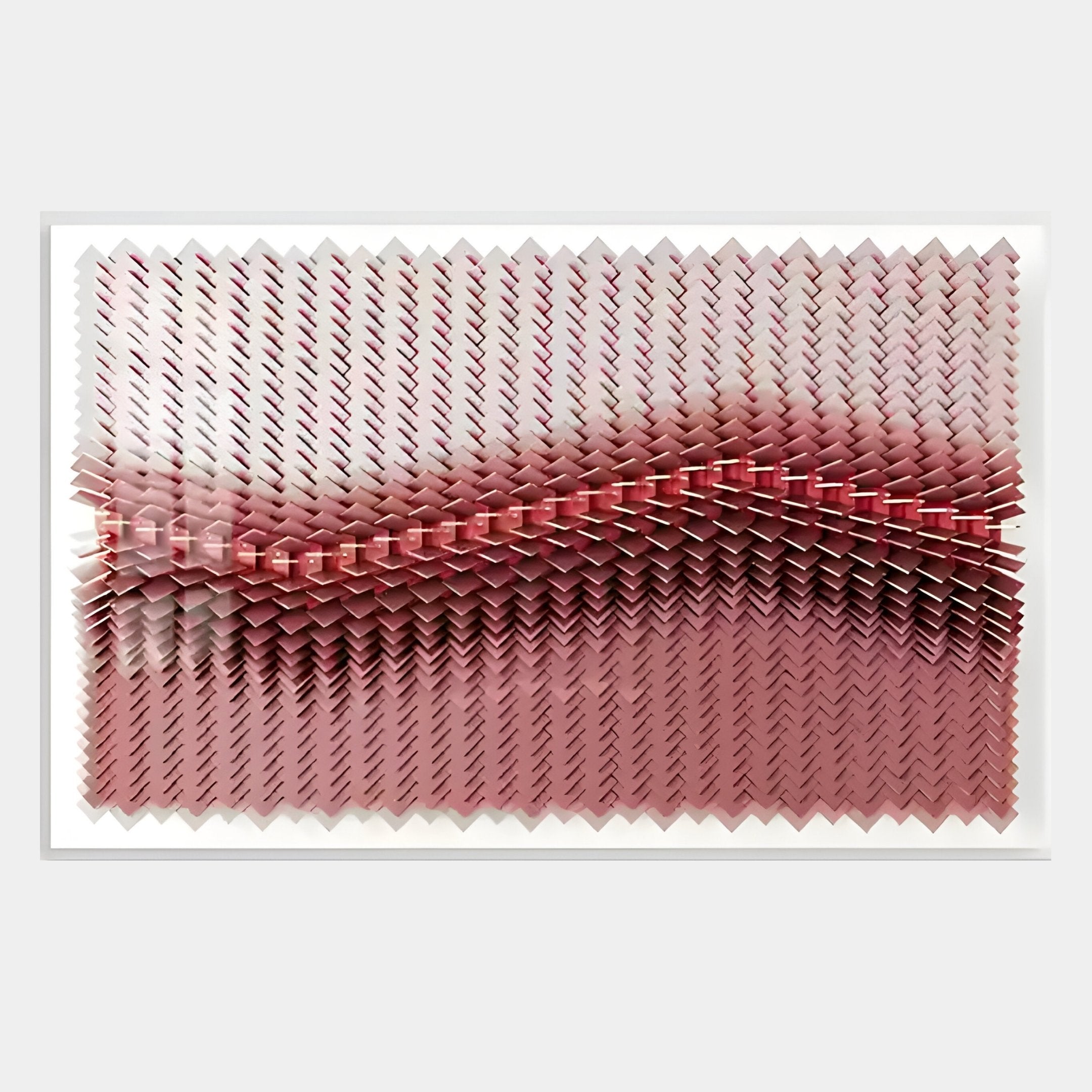 The Tessera Blush Rose & Mulberry Line Acrylic 3D Wall Art by Giant Sculptures features rectangular wall decor with overlapping pinkish-red zigzag shapes, forming a three-dimensional wave pattern on a light background.