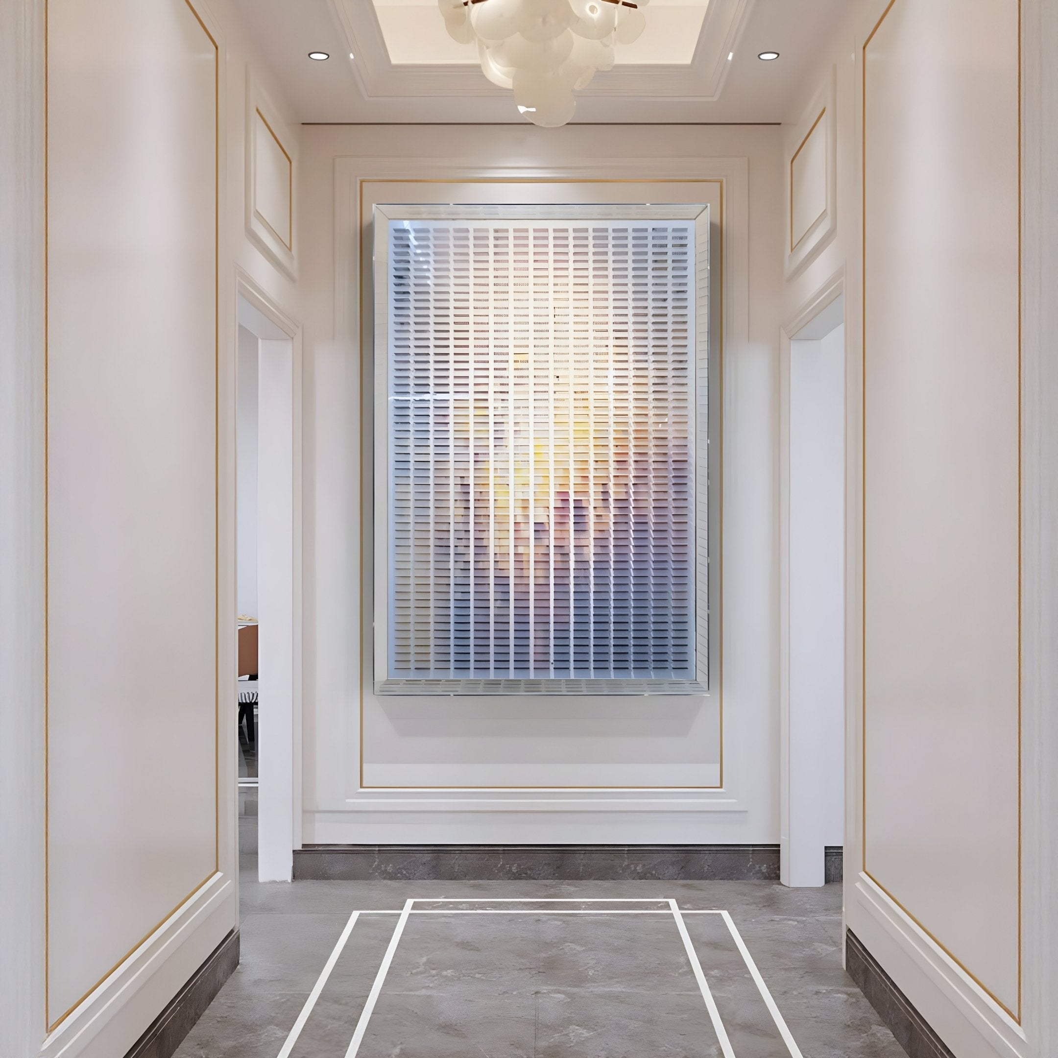 A modern hallway with white walls and gold trim features the Chromat Sunset Mauve Glow Acrylic 3D Wall Art by Giant Sculptures—horizontal white slats over pastel hues. The floor displays a geometric white border on gray marble tiles.