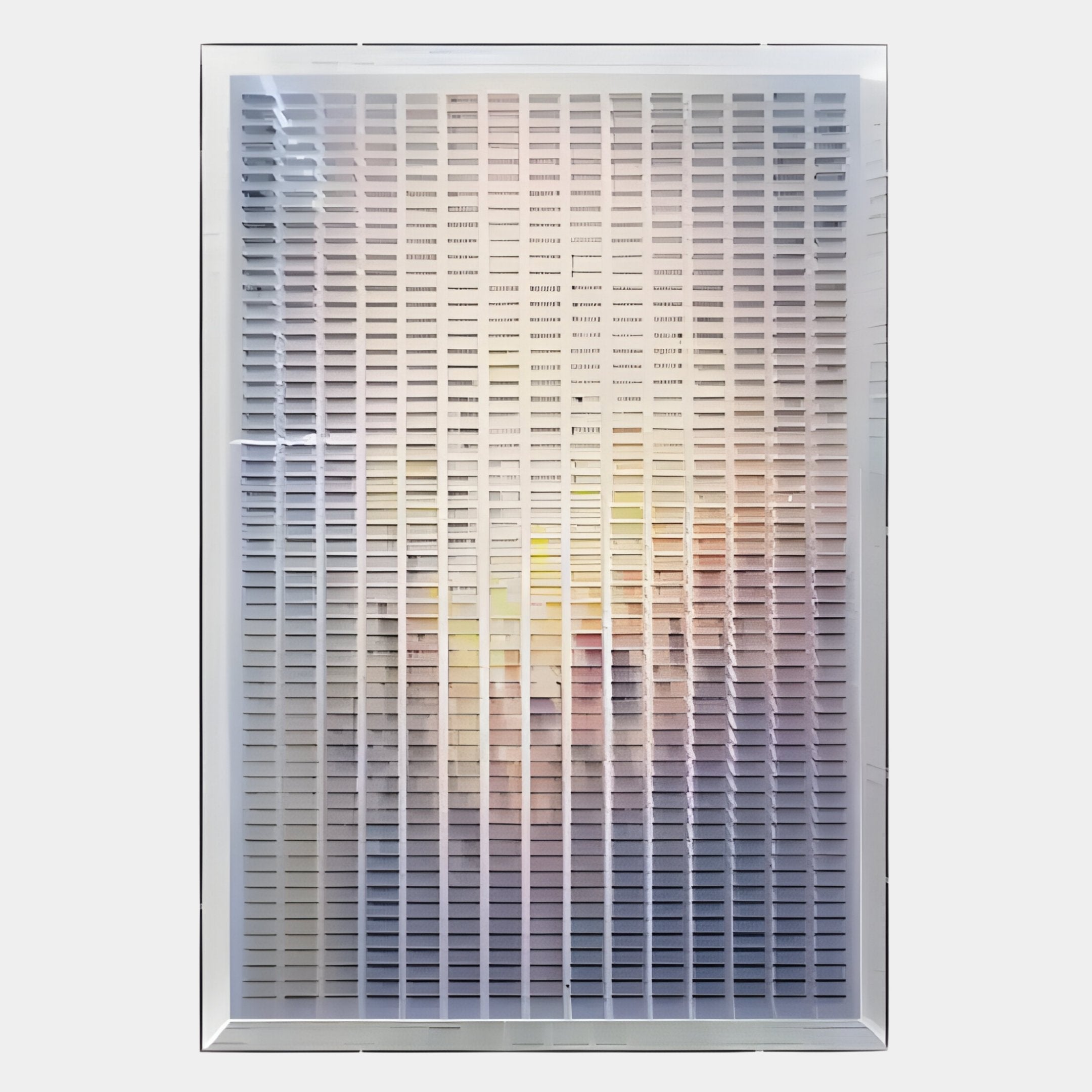 The Chromat Sunset Mauve Glow Acrylic 3D Wall Art by Giant Sculptures features a rectangular grid of evenly spaced horizontal slats over soft pastel hues—pinks, purples, blues, and yellows—for a dreamy abstract effect.