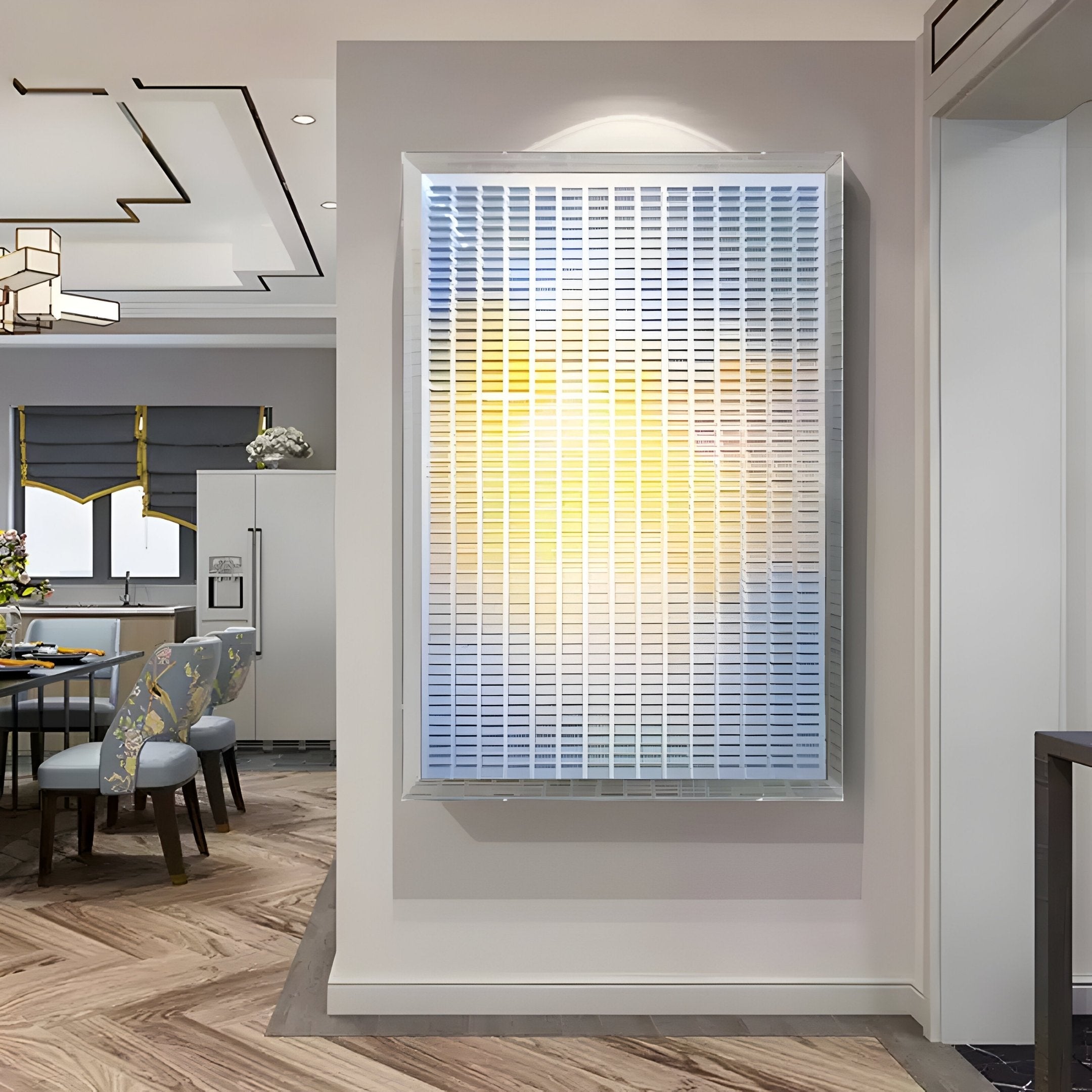 The Chromat Lemon Sky Radiance Acrylic 3D Wall Art by Giant Sculptures adds modern flair with vertical slats and a blue-yellow gradient, making a striking centerpiece in a stylish dining room with patterned chairs and wood flooring.