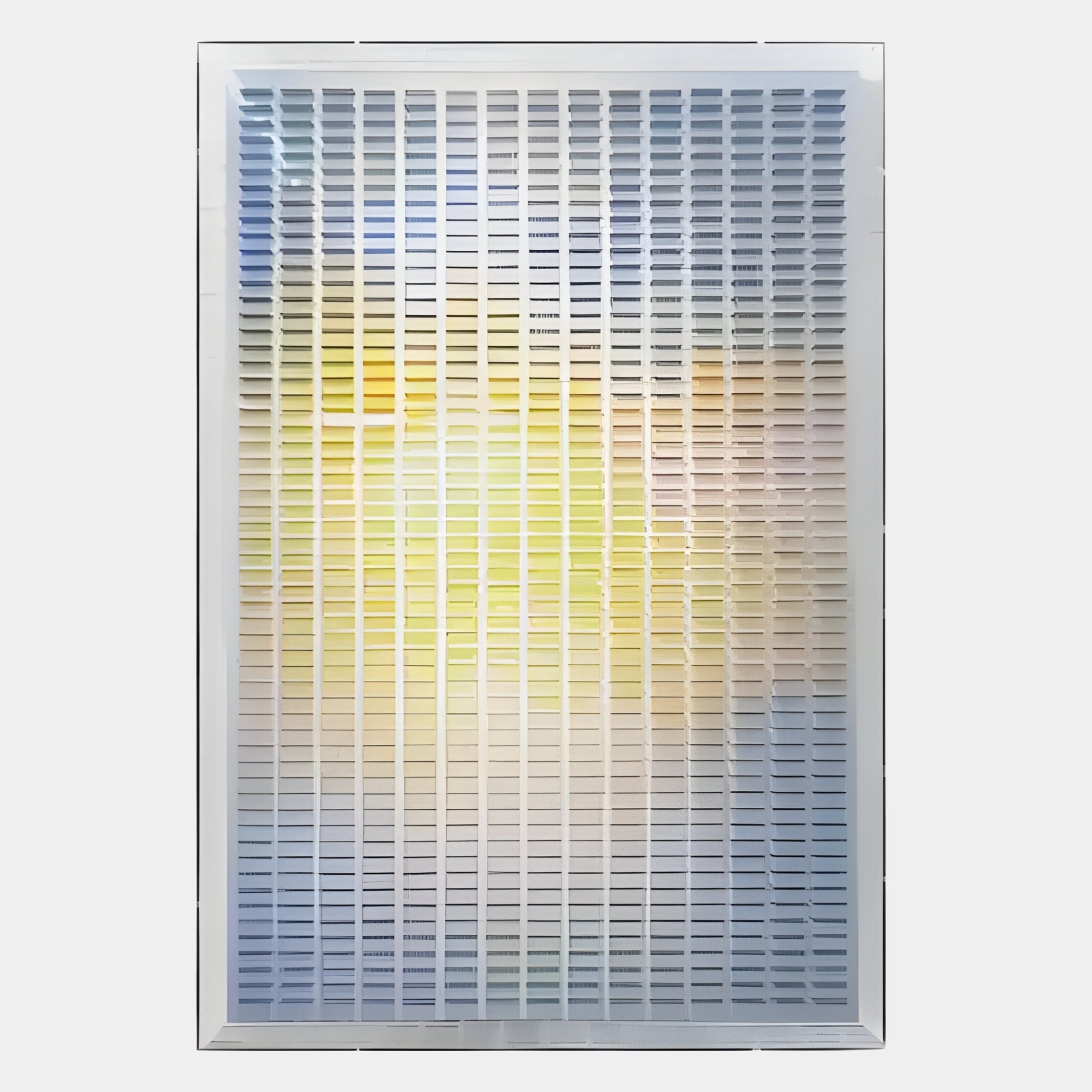 The Chromat Lemon Sky Radiance Acrylic 3D Wall Art by Giant Sculptures features a rectangular white frame with evenly spaced horizontal slats, showcasing a soft pastel gradient in yellow, blue, and purple—ideal for modern wall decor.