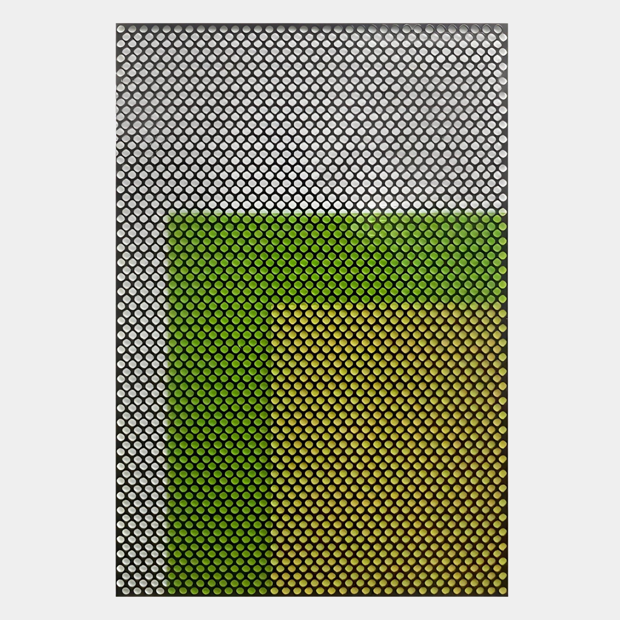 An abstract artwork by Giant Sculptures, Pixelate Lime Gold Acrylic 3D Wall Art features a grid of small black circles over a background fading from white to green and yellow, creating a striking modern aesthetic.