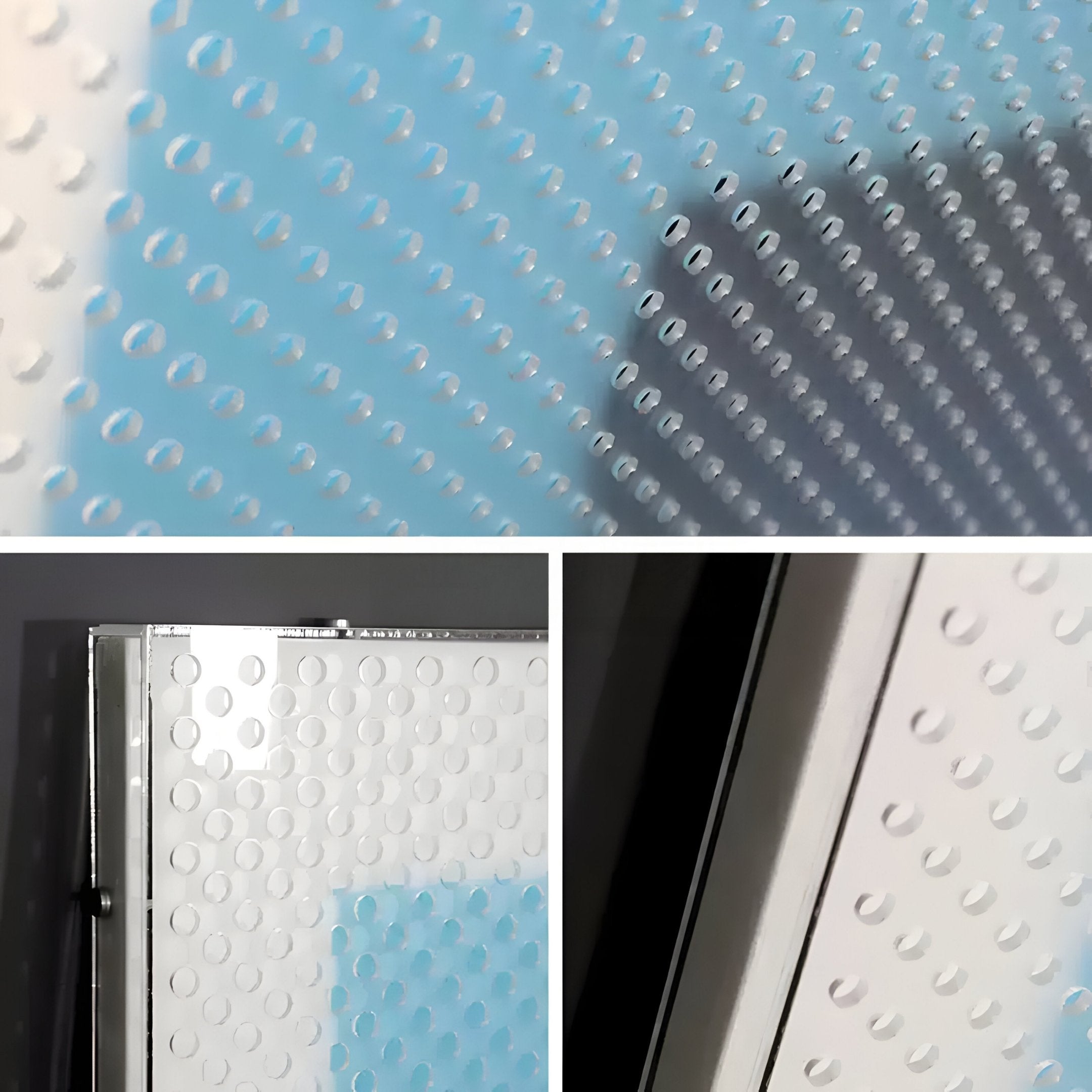 Three close-ups of the Pixelate Sky Frost Acrylic 3D Wall Art by Giant Sculptures show a white panel with evenly raised circular bumps. A blue rectangle highlights the texture, ideal for adding modern style to interiors.